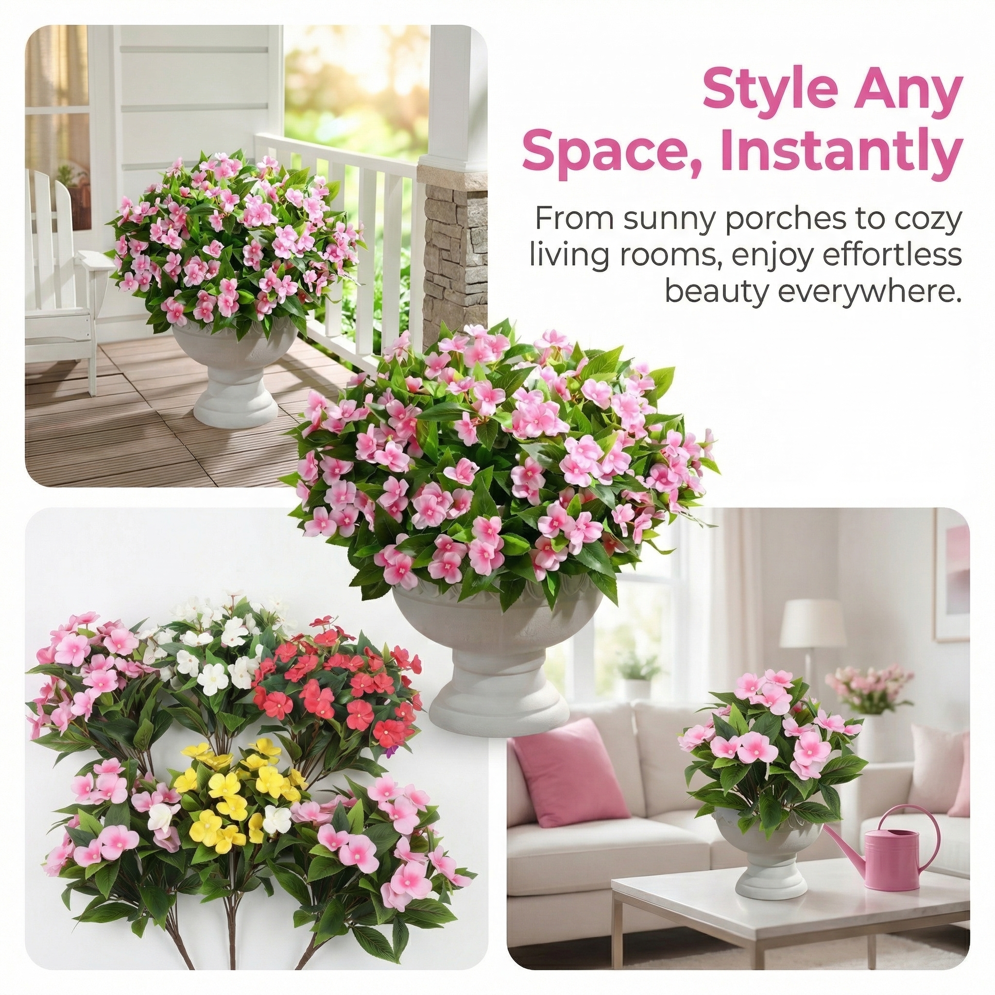 UV-Resistant Faux Impatiens for Fresh Porch Planters