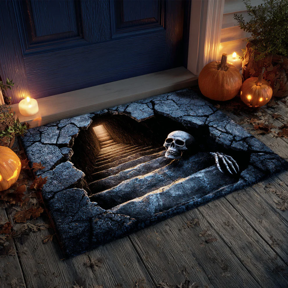 American Horror 3D Style Zombie Breaking Through & Cracked Ground Pattern Halloween Doormat with Non-Slip Backing & Realistic Visual Effect | Prank & Trick