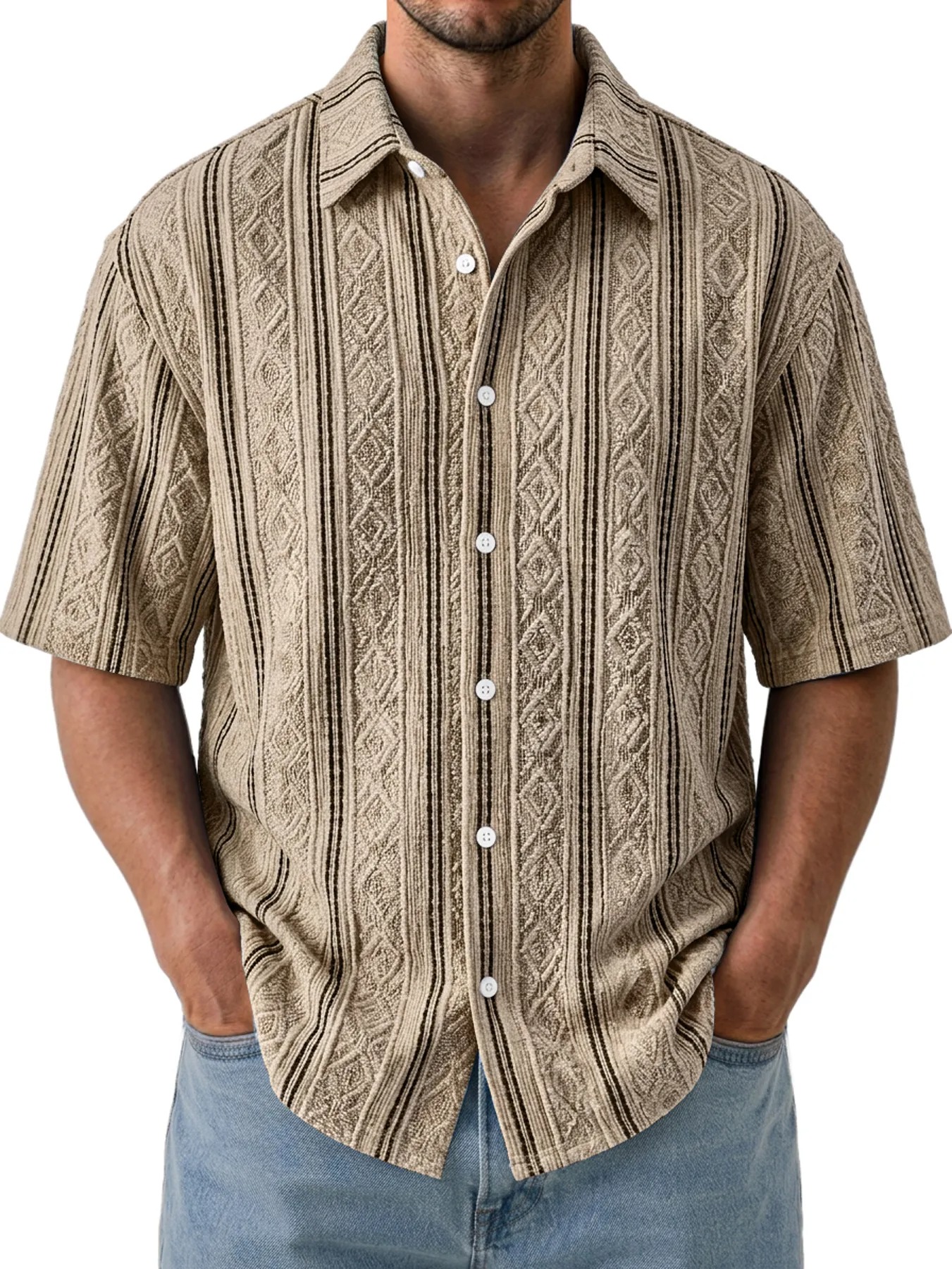 Men's Casual Textured Breathable Collared Short-Sleeve Shirt