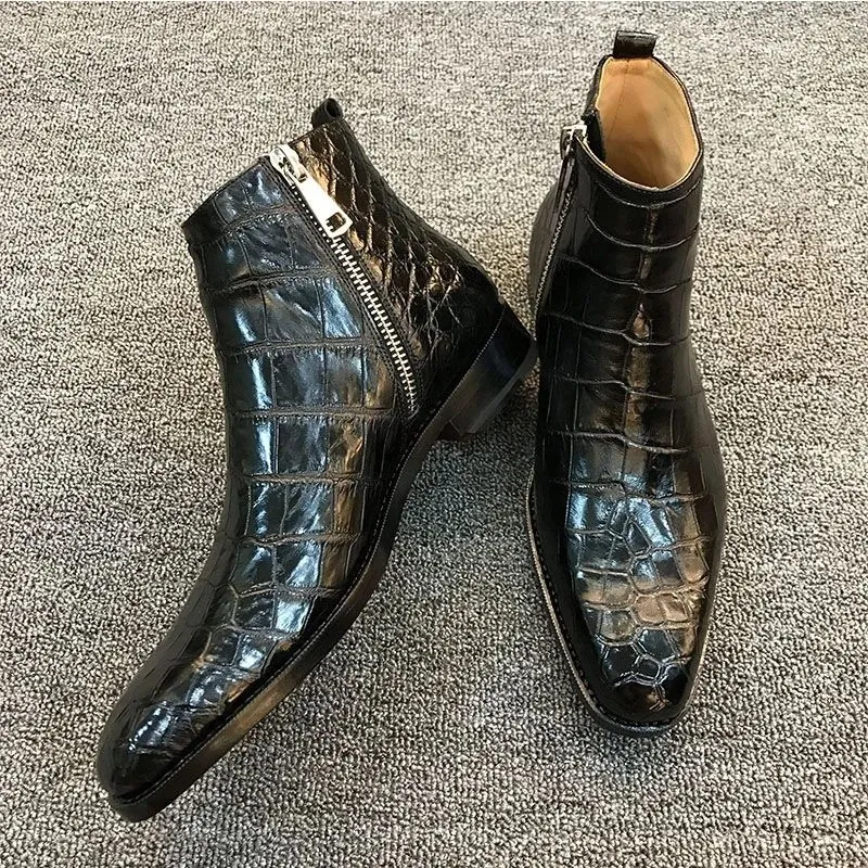 Men's Crocodile Embossed Leather Side Zip Dress Ankle Boots