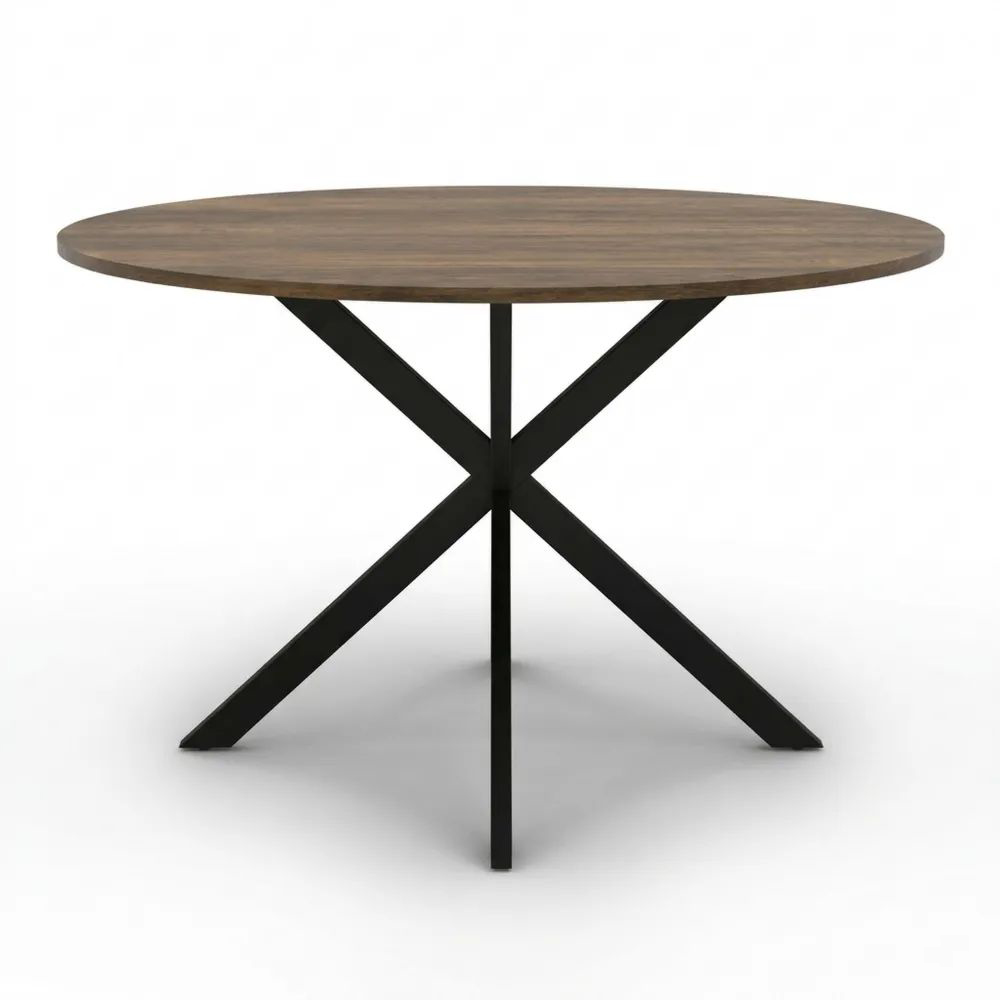 Runder Esstisch für 4-6 Personen aus dunkelbraunem Holz mit schwarzen Spinnenbeinen, 110 cm