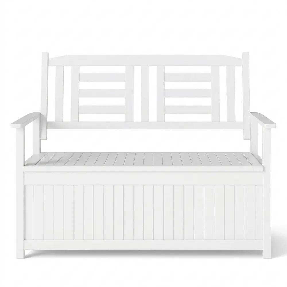Wetterfeste Gartenbank mit Stauraum, 2-Sitzer Holzbank mit Kissenbox, ideal für Balkon und Terrasse
