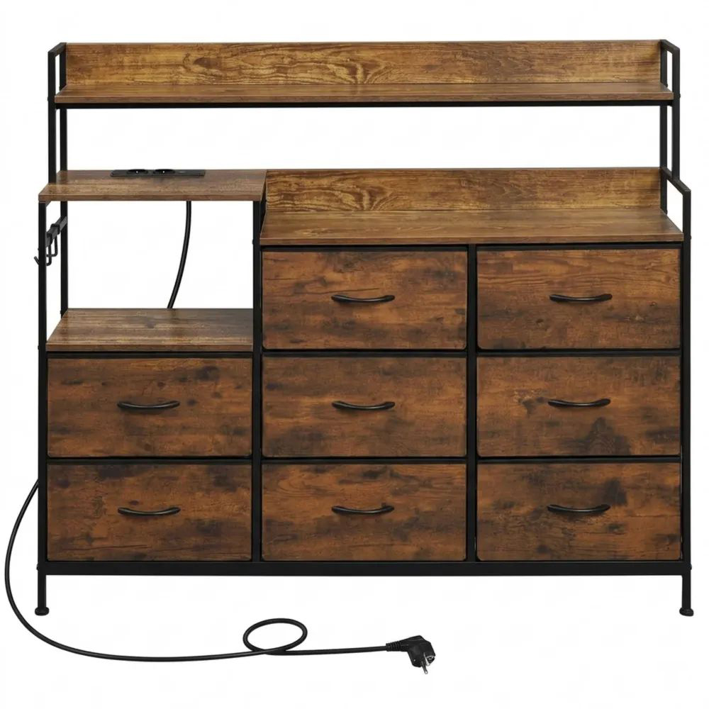 Stoffkommode mit 8 Schubladen und Steckdosen, Metallrahmen in Vintage-Holzoptik