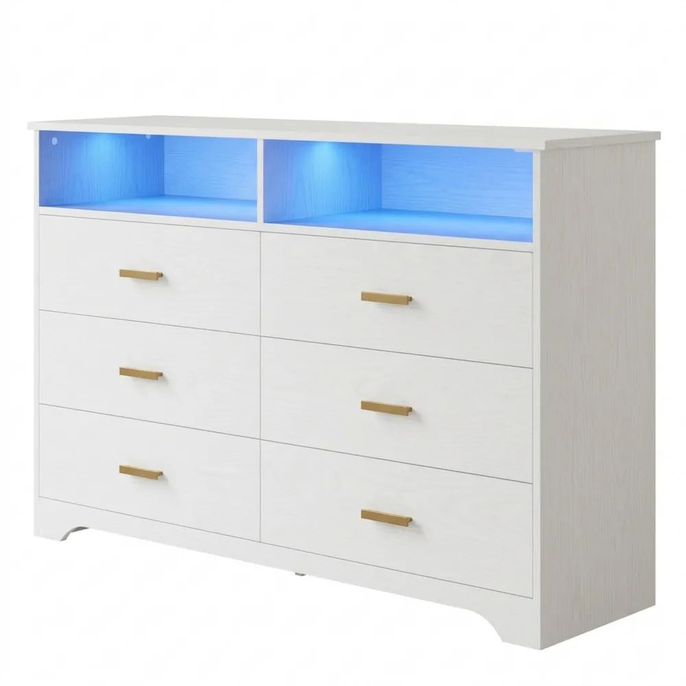 Moderne weiße Kommode mit LED-Leiste und Steckdosen, 6 Schubladen und 2 Fächer, ideal für Wohn- und Schlafzimmer