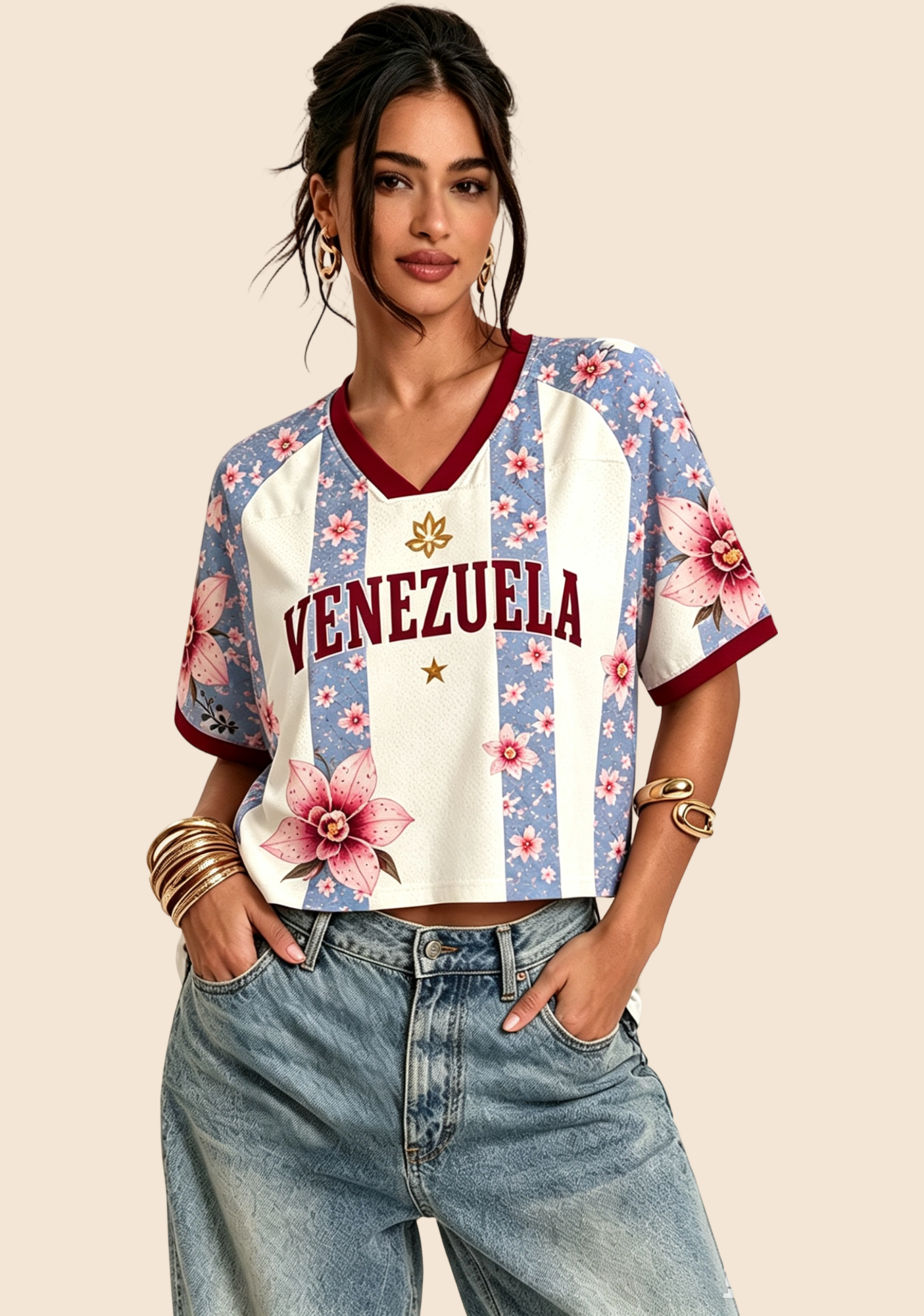 Venezuela Inspired Floral Cropped Jersey Shirt