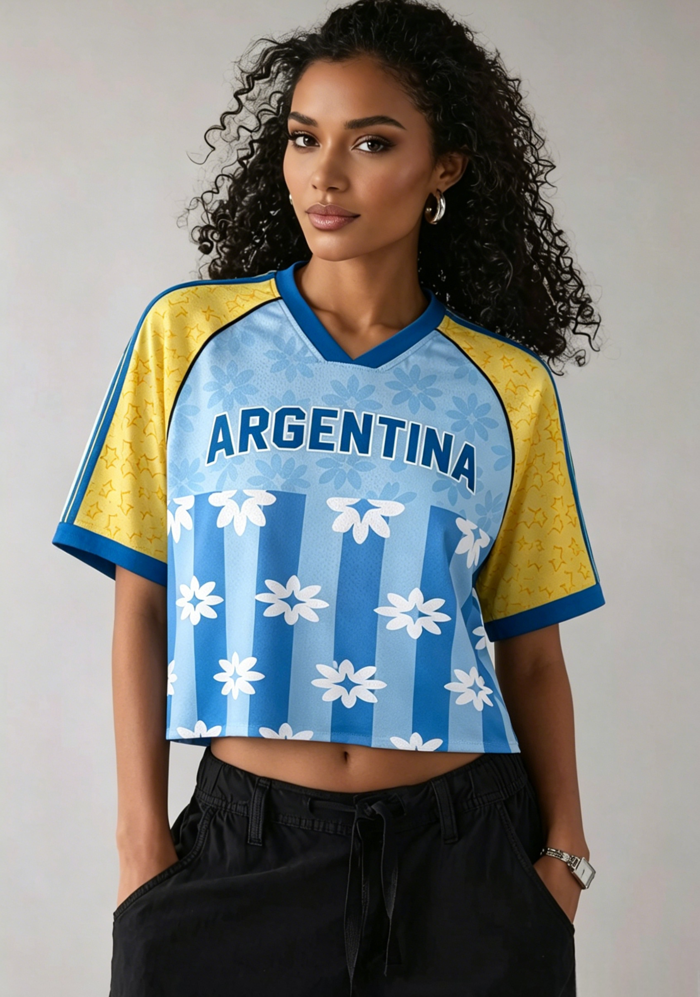 Argentina Floral Stripe Star Print Cropped Jersey Shirt