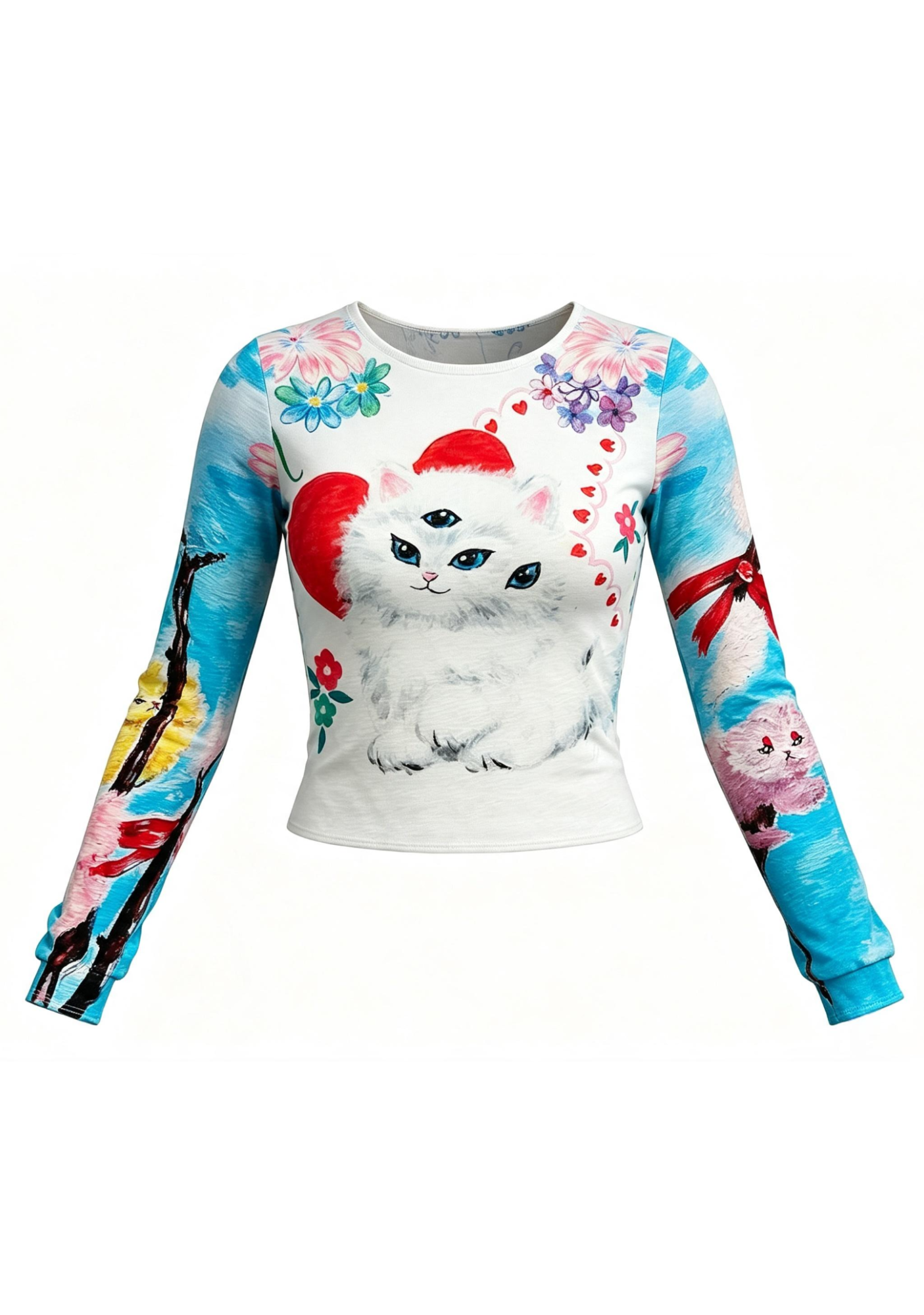 Surreal Kitten Floral Heart Slim‑Fit Long Sleeve Top