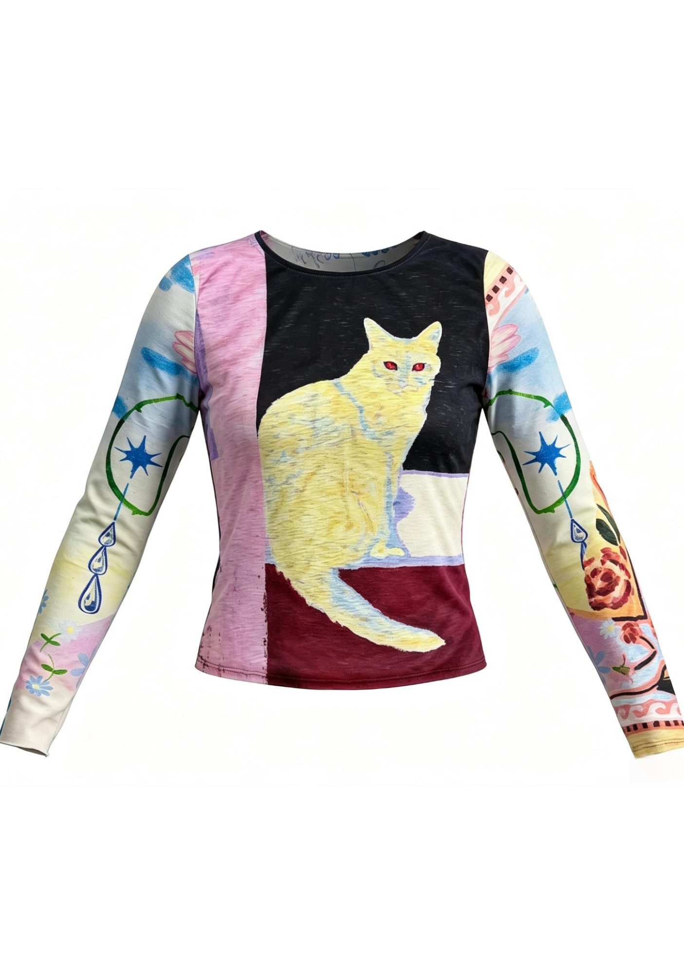 Artistic Painting Red‑Eye Cat Slim‑Fit Long Sleeve Top
