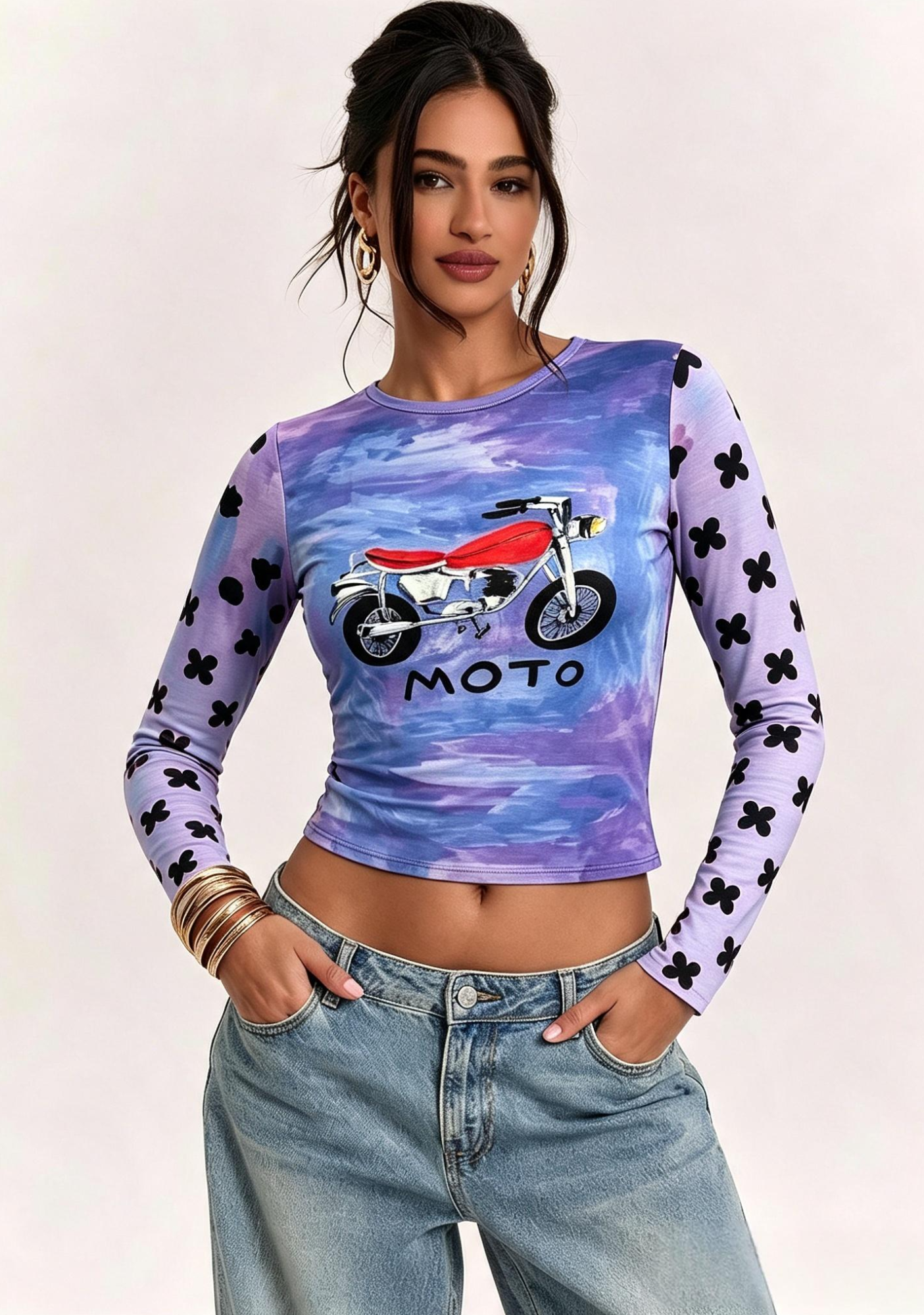 Hand‑Painted Purple Wash Moto Motorcycle Slim‑Fit Long Sleeve Top