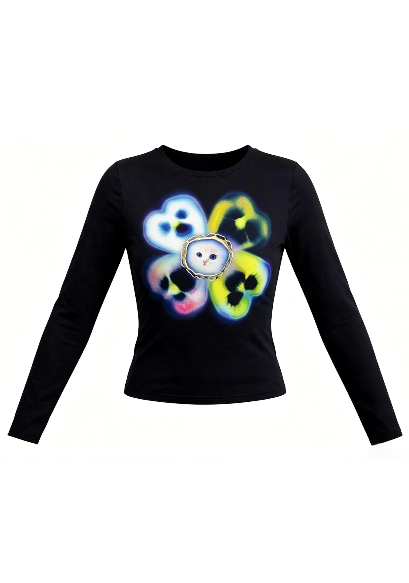 Neon Tie‑Dye Clover Kitten Slim‑Fit Long Sleeve Top