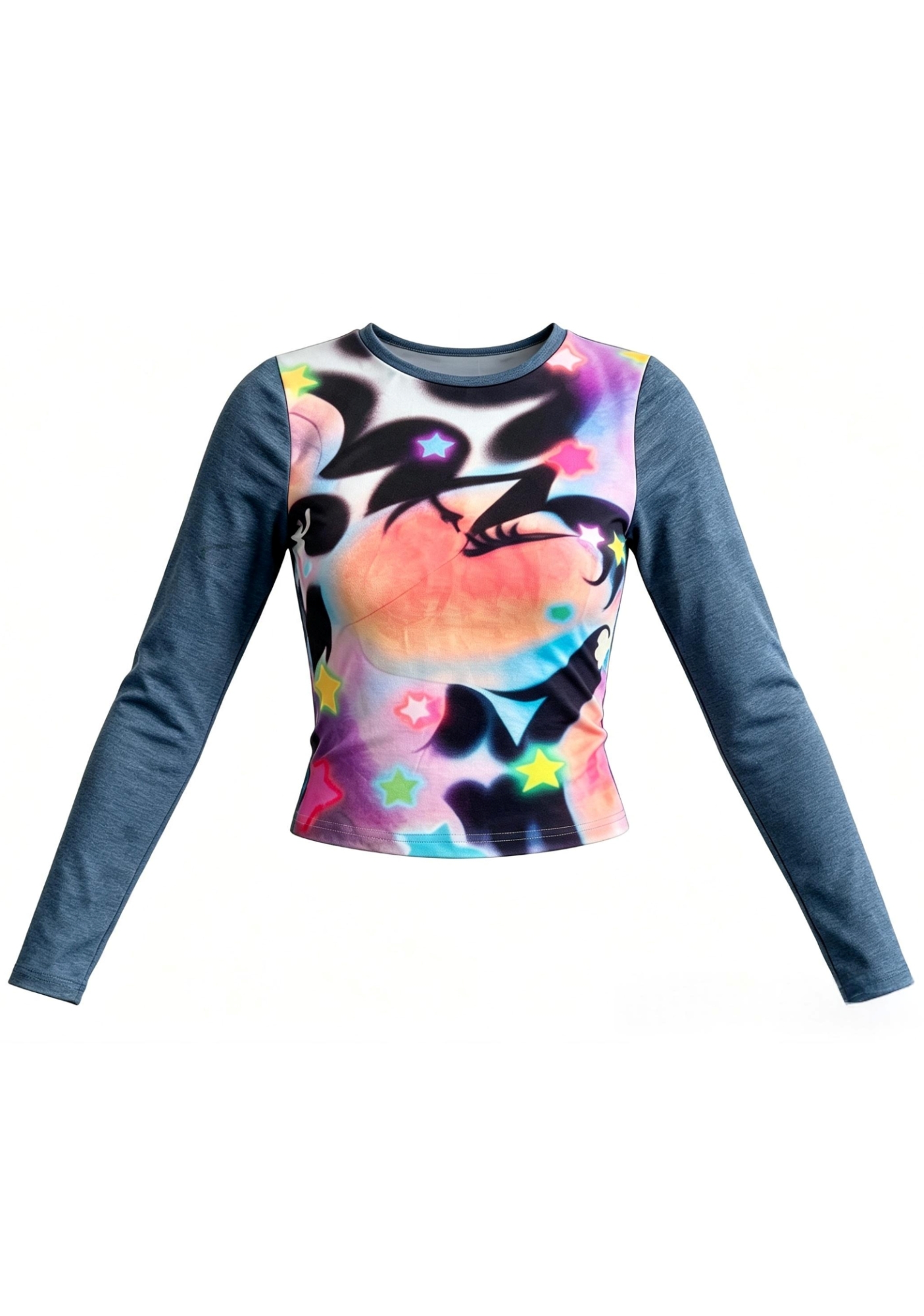 Airbrush Pop‑Art Portrait Multicolor Star Slim‑Fit Long Sleeve Top