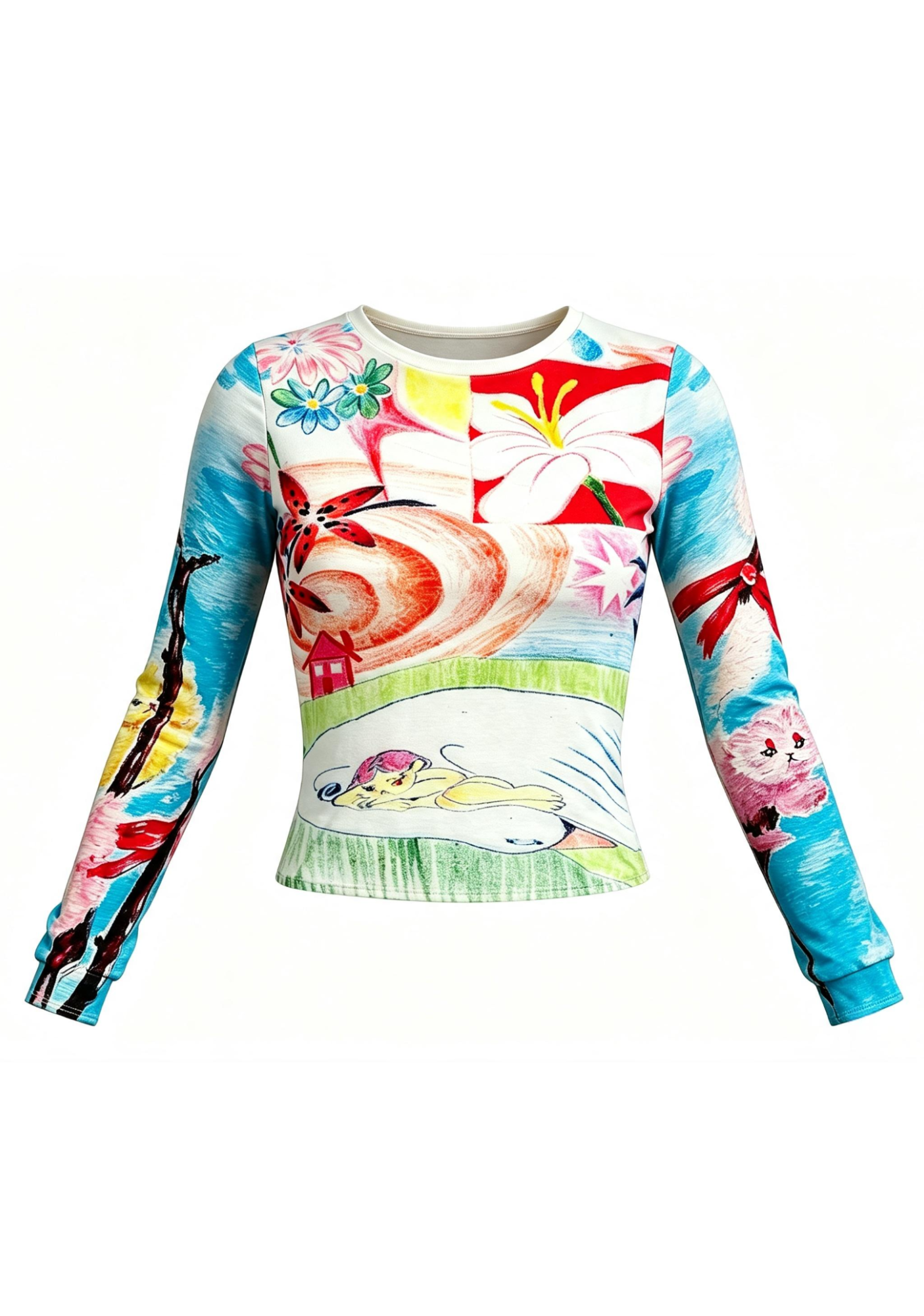 Whimsical Cartoon Collage Slim‑Fit Long Sleeve Top