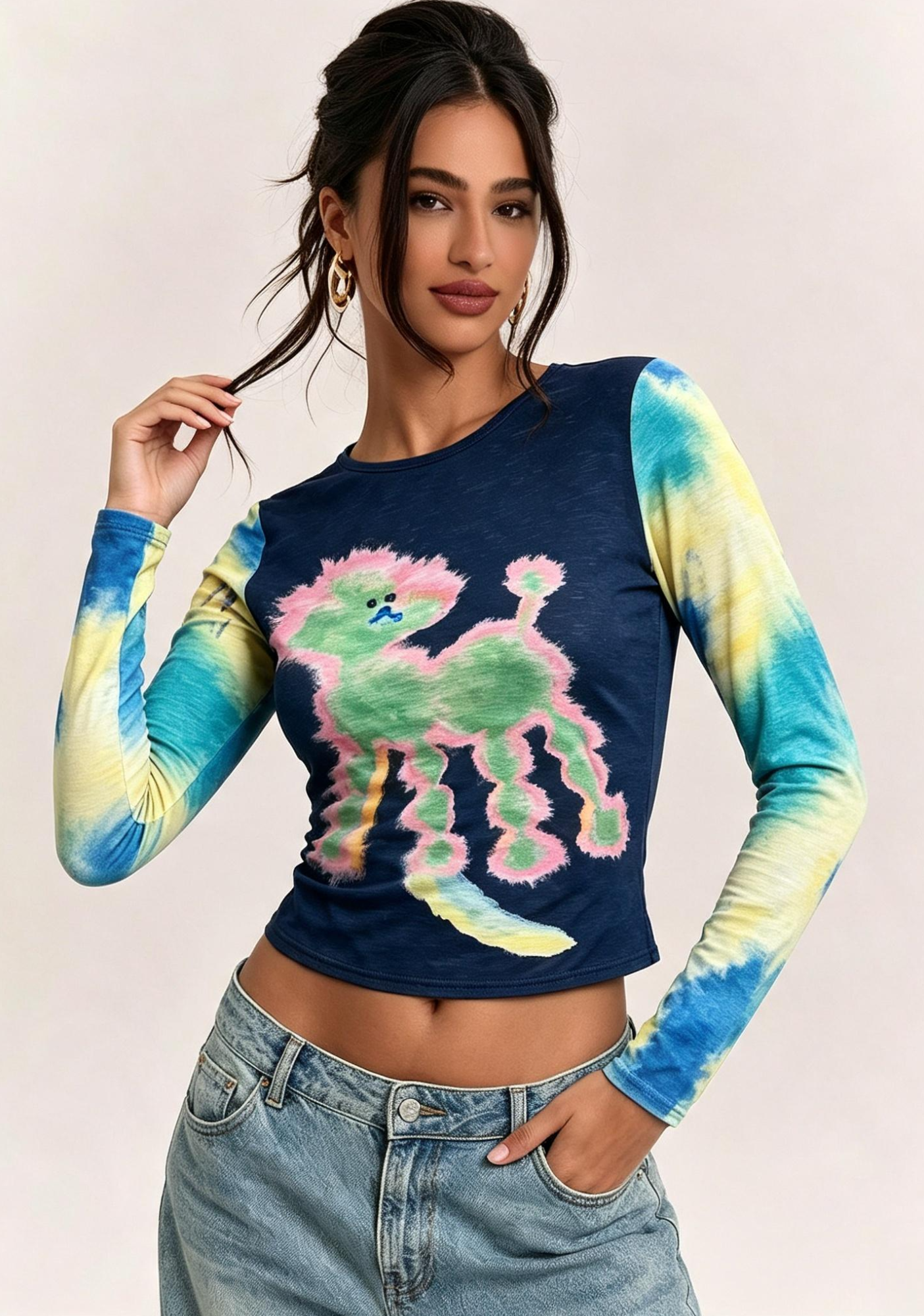 Fuzzy Poodle Graphic Slim‑Fit Long Sleeve Top