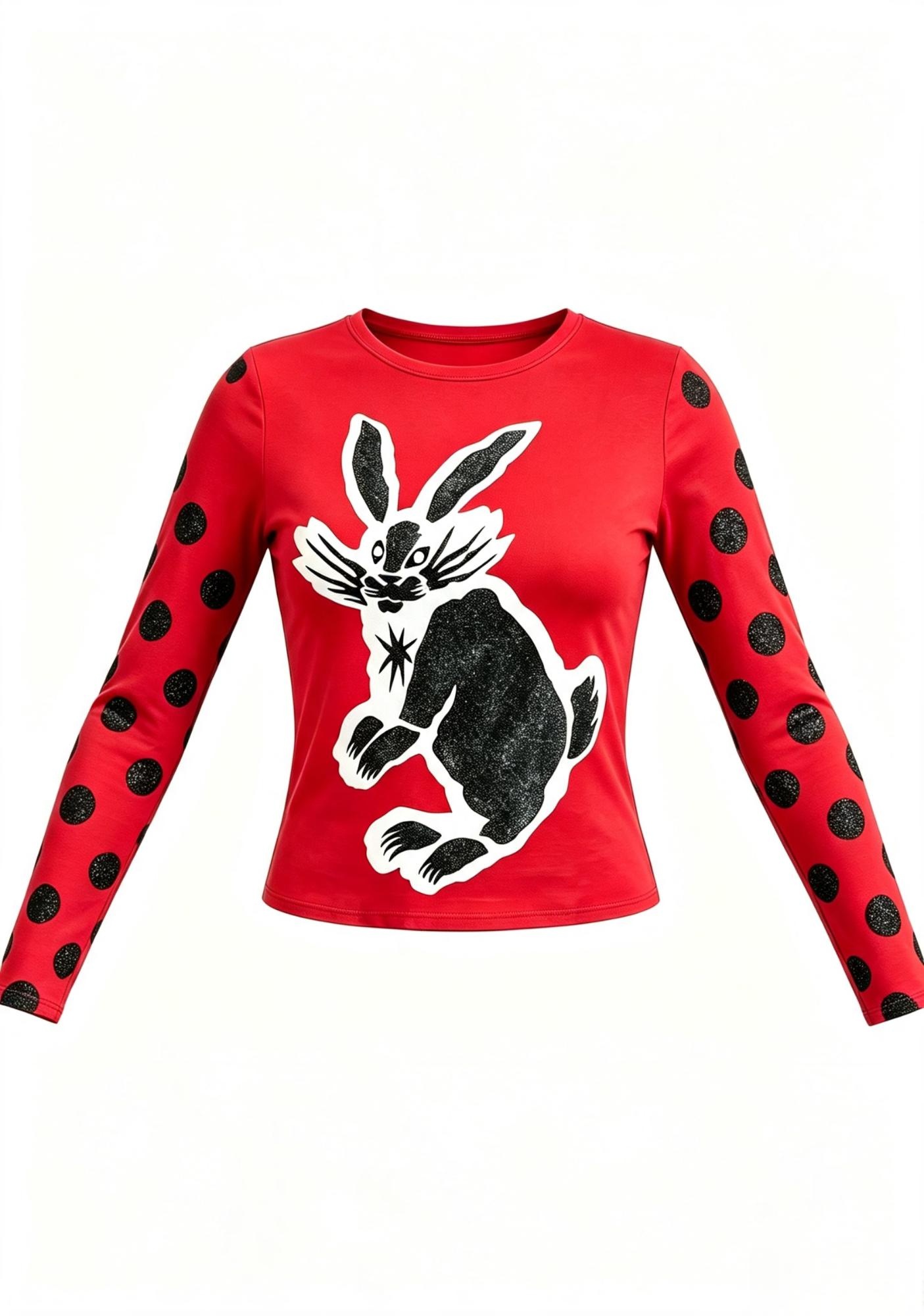 Bold Retro Rabbit Polka‑Dot Slim‑Fit Long Sleeve Top