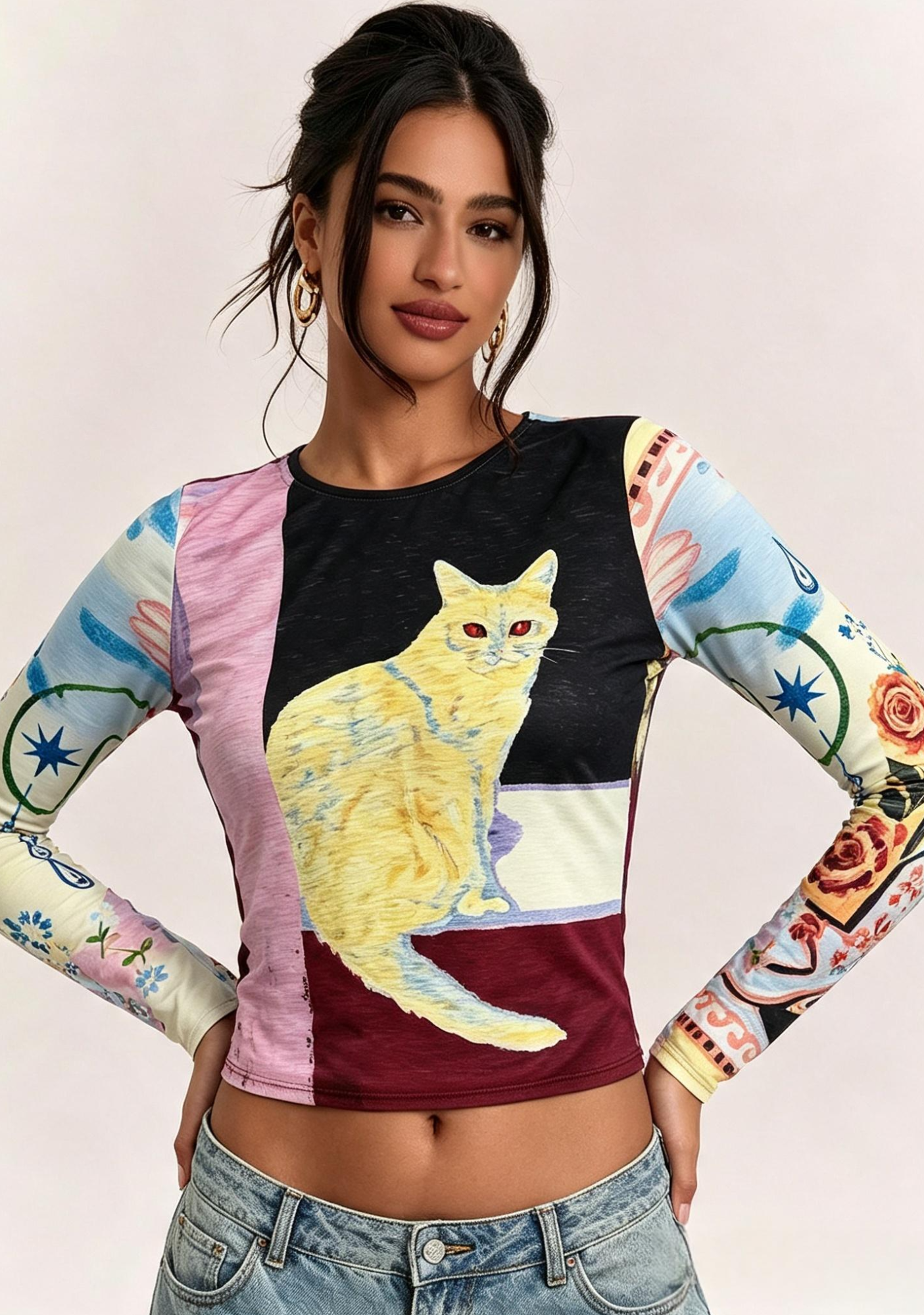 Artistic Painting Red‑Eye Cat Slim‑Fit Long Sleeve Top