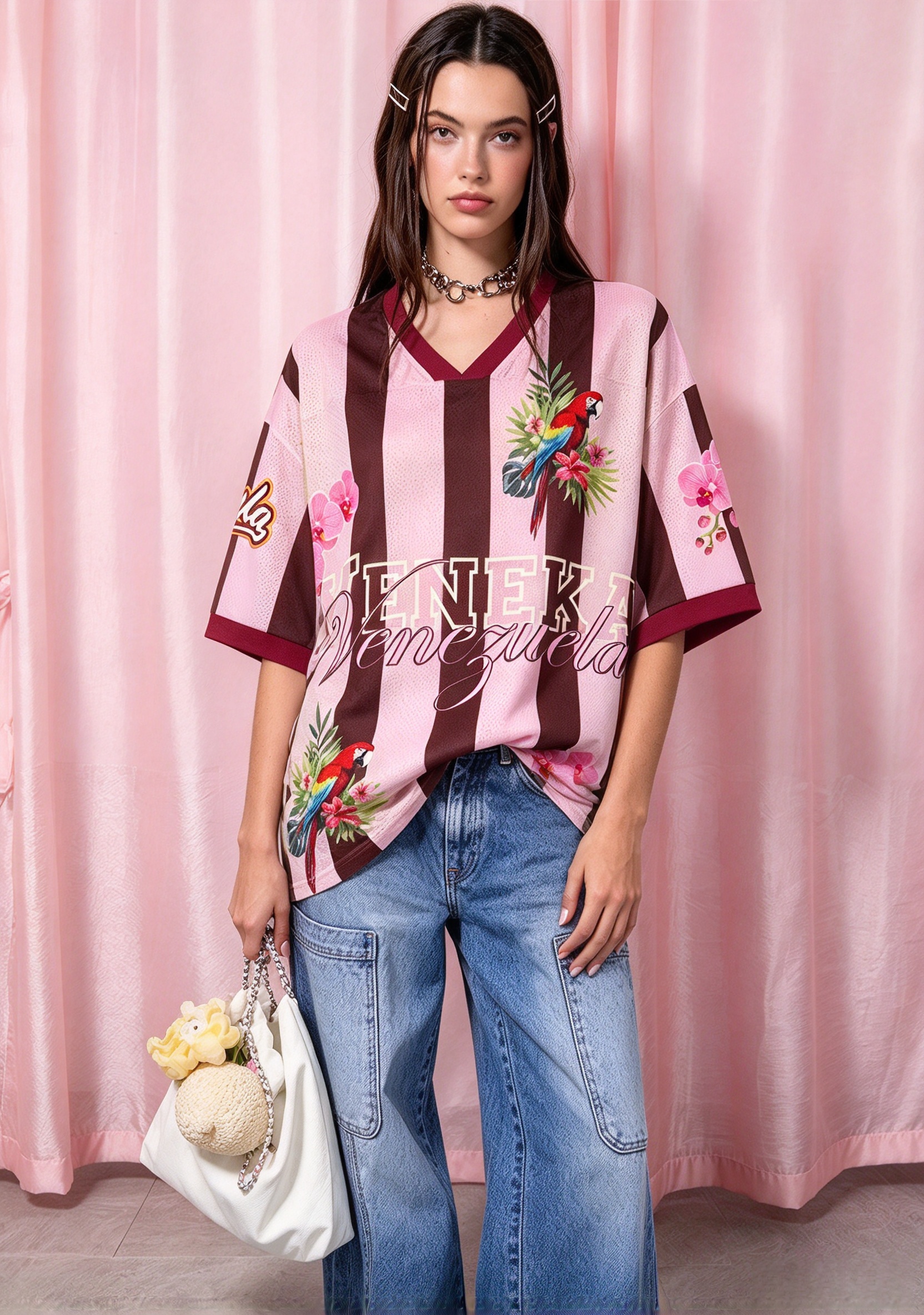 Venezuela Scarlet Macaw Parrot & Pink Orchid Mesh Jersey Shirt