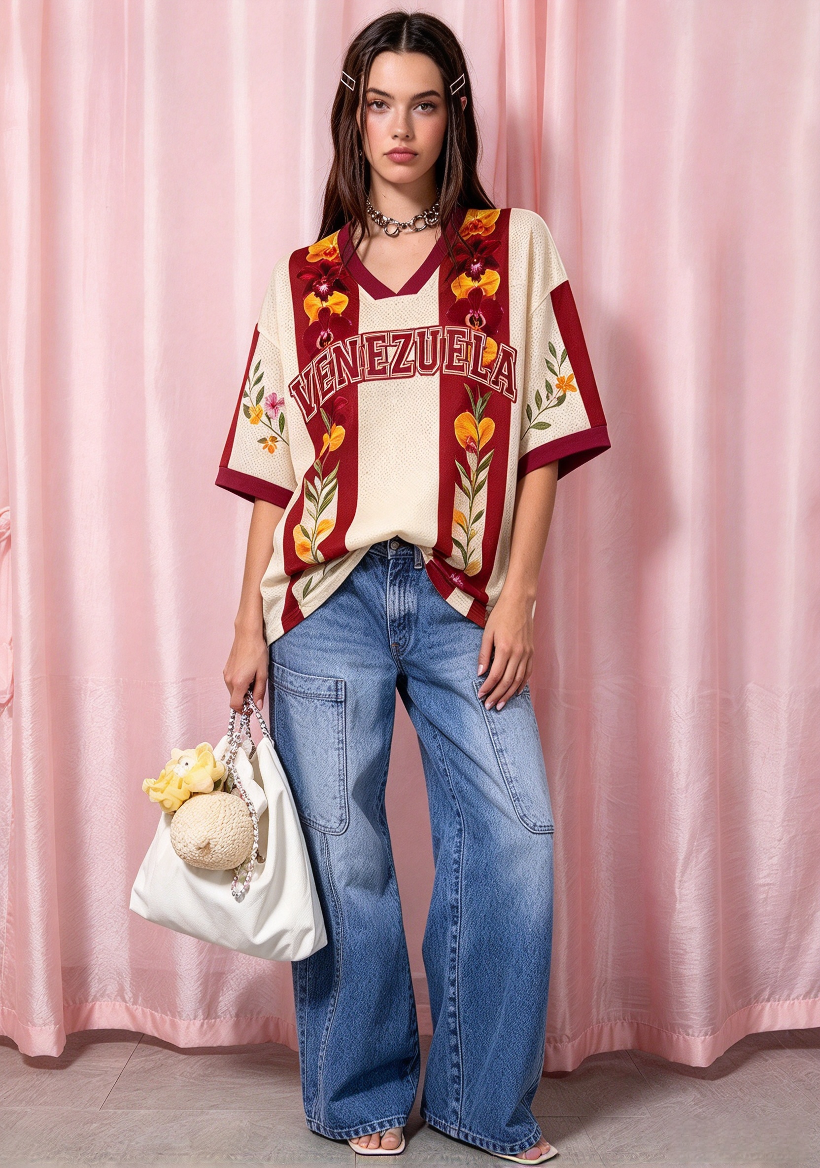 Venezuela Orchid Floral Striped Mesh Jersey Shirt