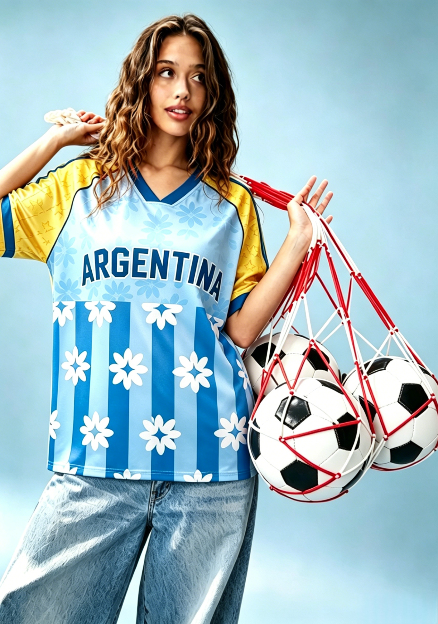 Argentina Floral Stripe Star Print Mesh Jersey Shirts