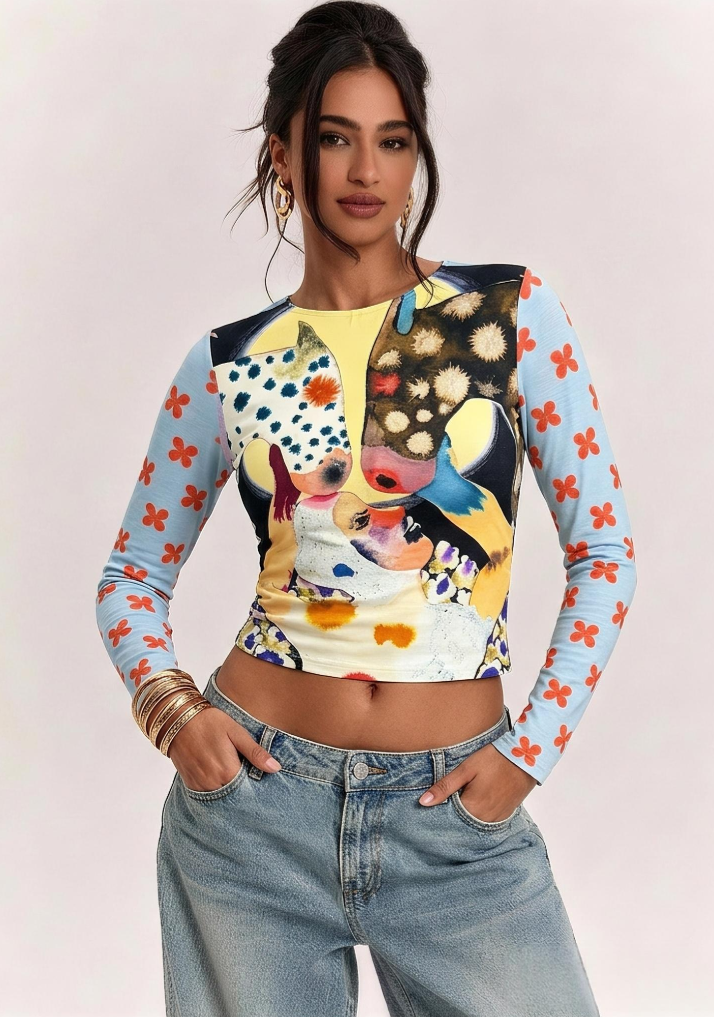 Surreal Horse‑Human Collage Orange Floral Slim‑Fit Long Sleeve Top
