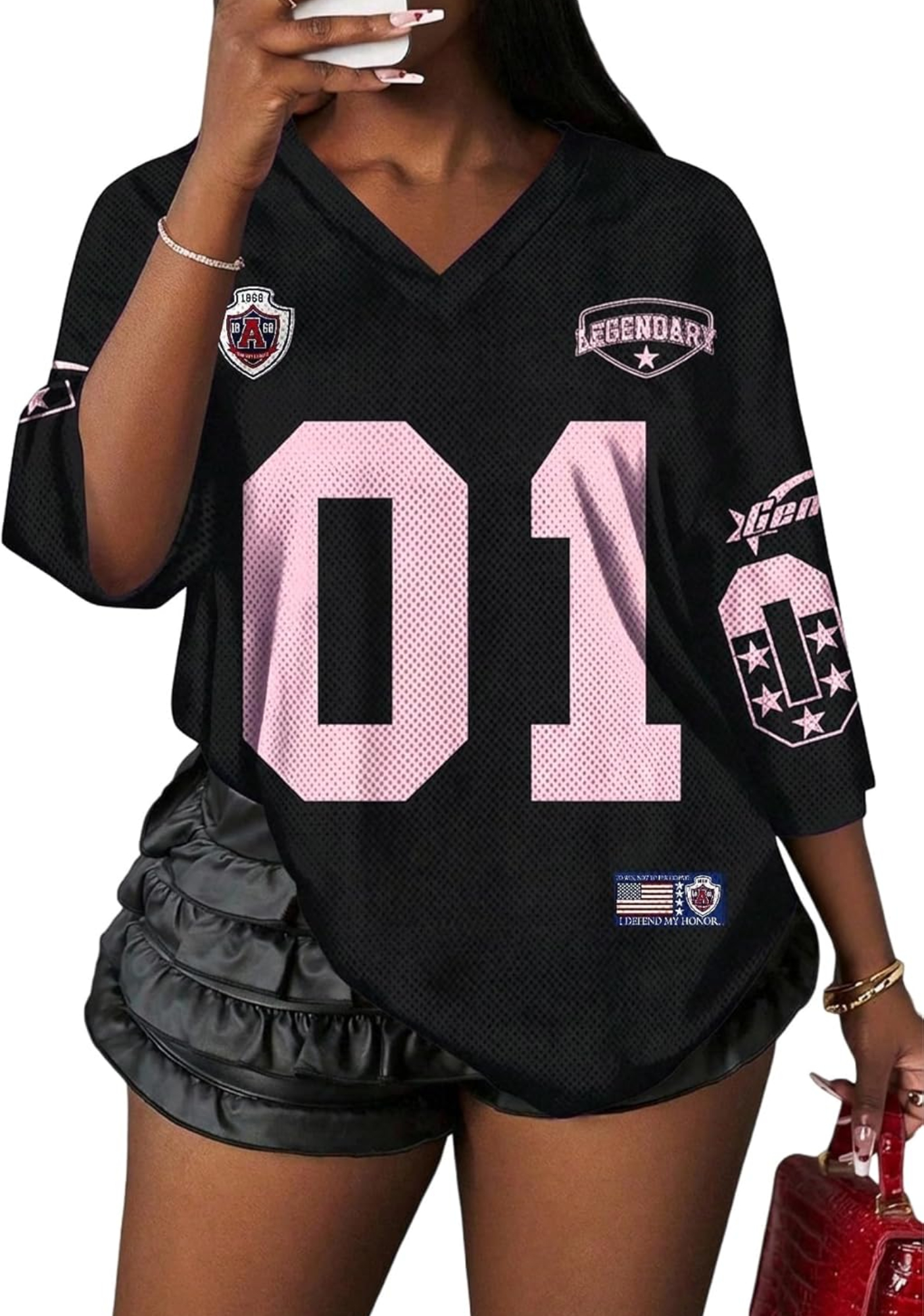 Women's Oversized V‑Neck Number Print Football Jersey Shirts