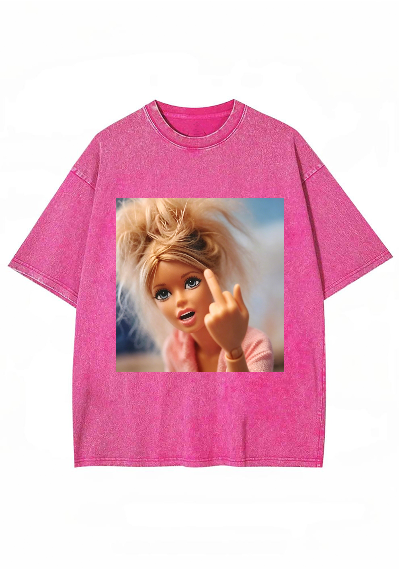 Messy Hair Middle Finger Barbie Meme Washed T-Shirt