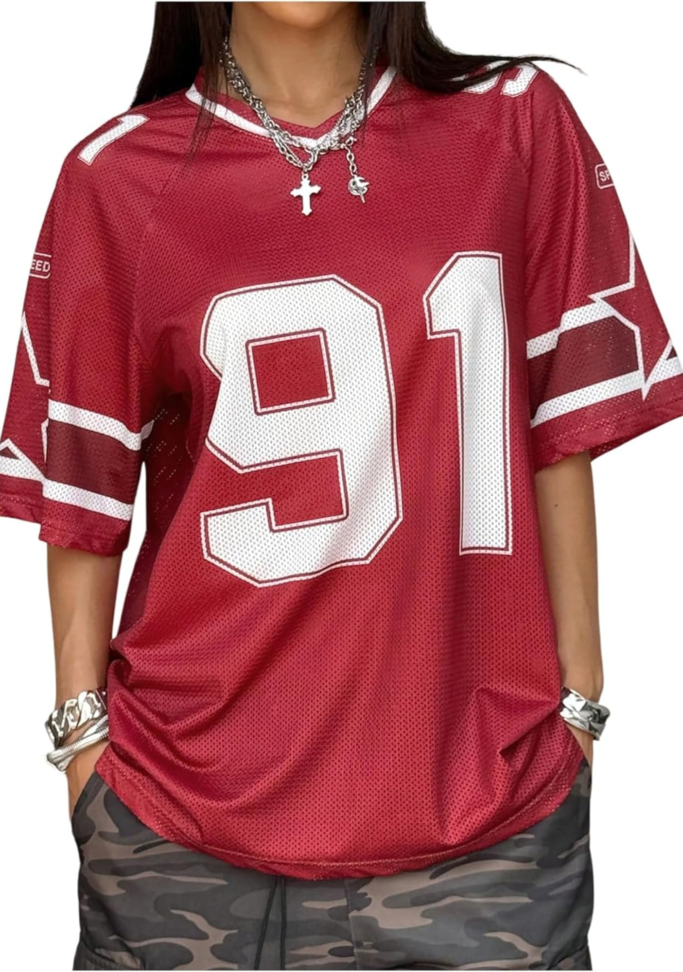 Women's Oversized Number Print Mesh Football Jersey Shirts