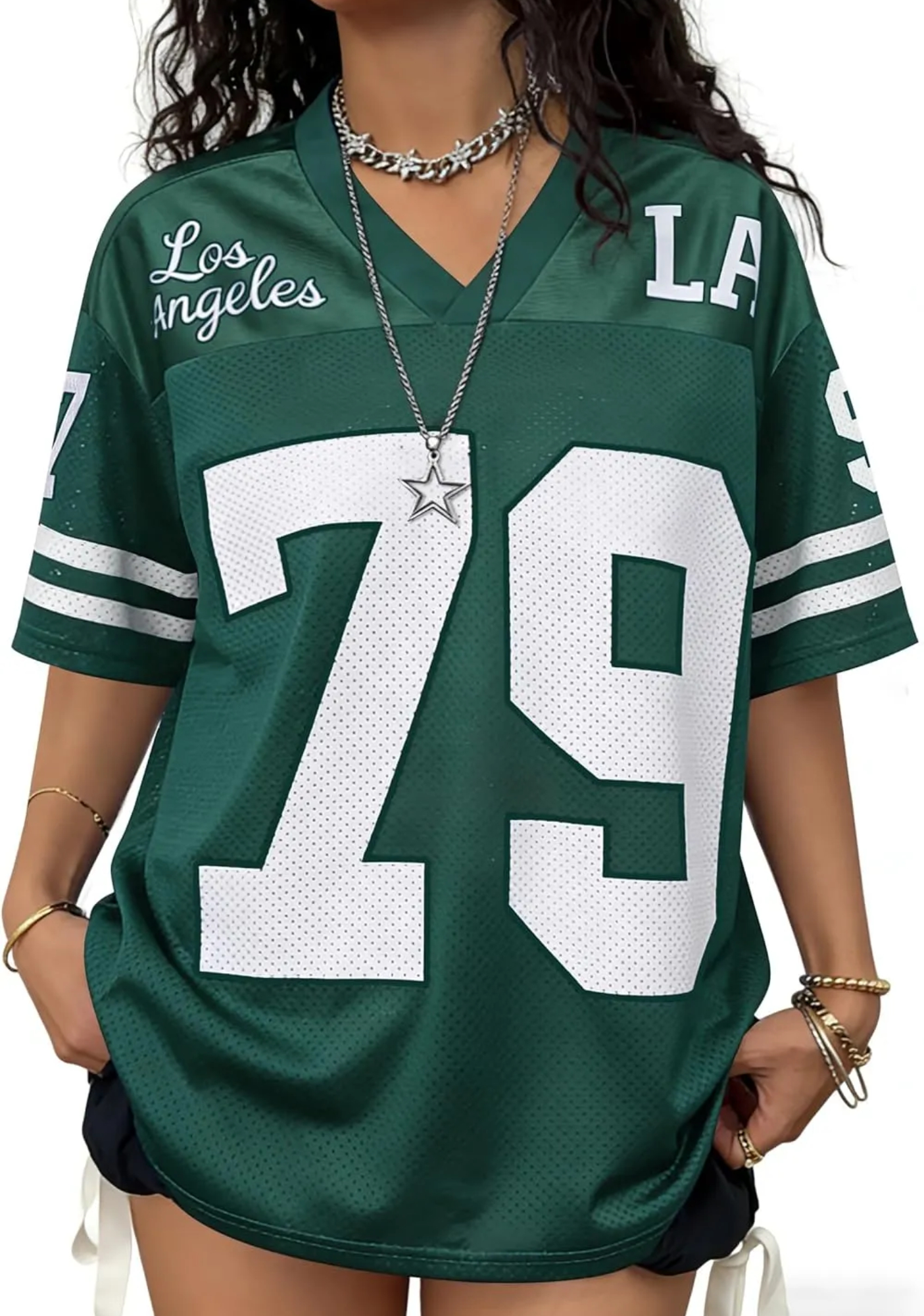 LA 79 Number Print Oversized V‑Neck Football Jersey Top