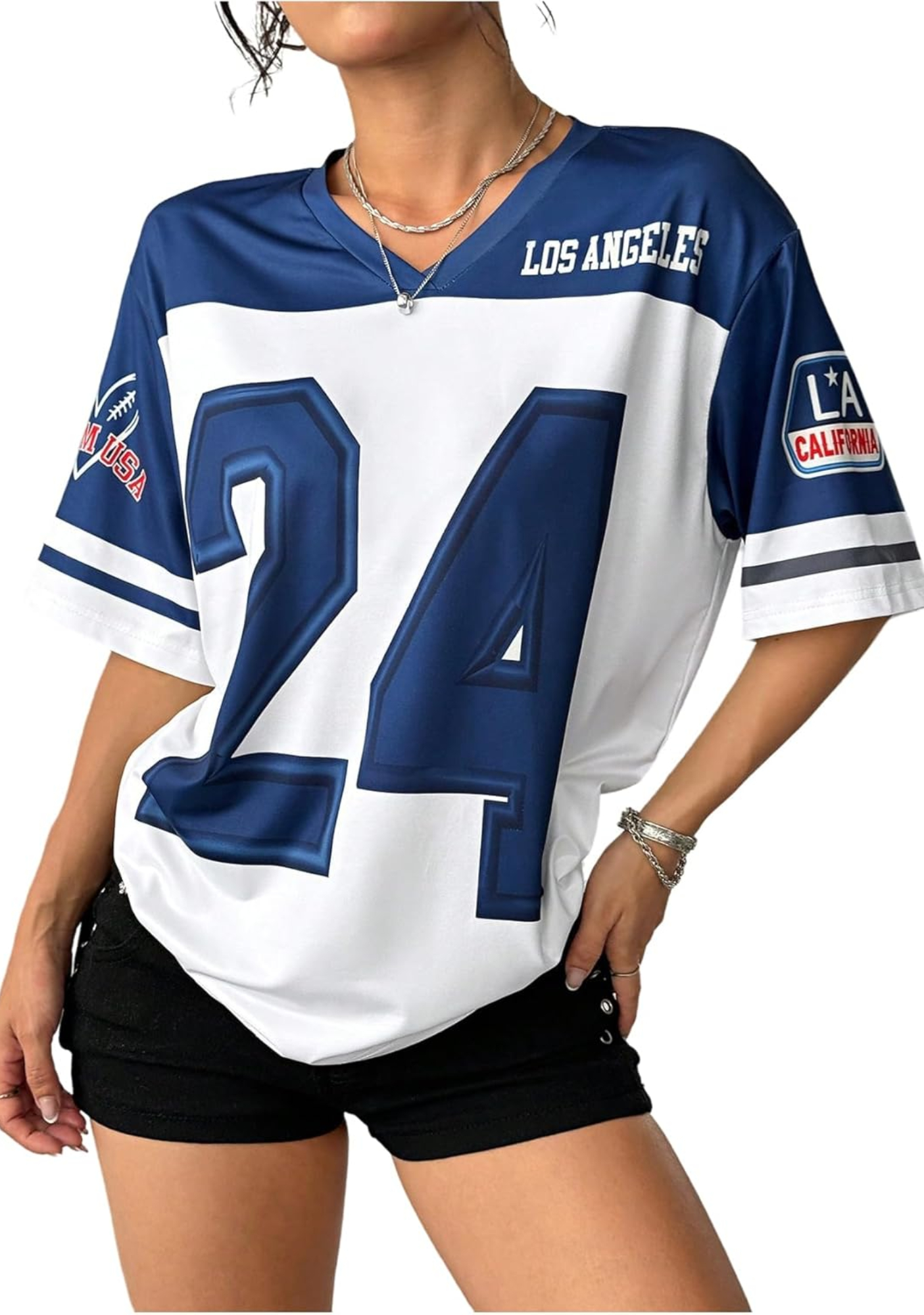Women's Oversized V‑Neck Number Print Jersey Shirt