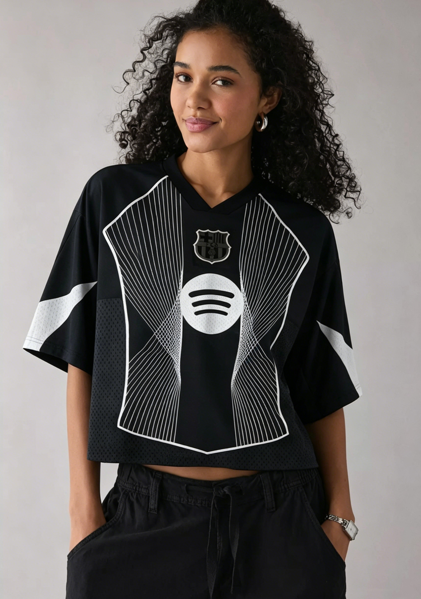 Barcelona-Inspired Black & White Cropped Mesh Jersey Shirt