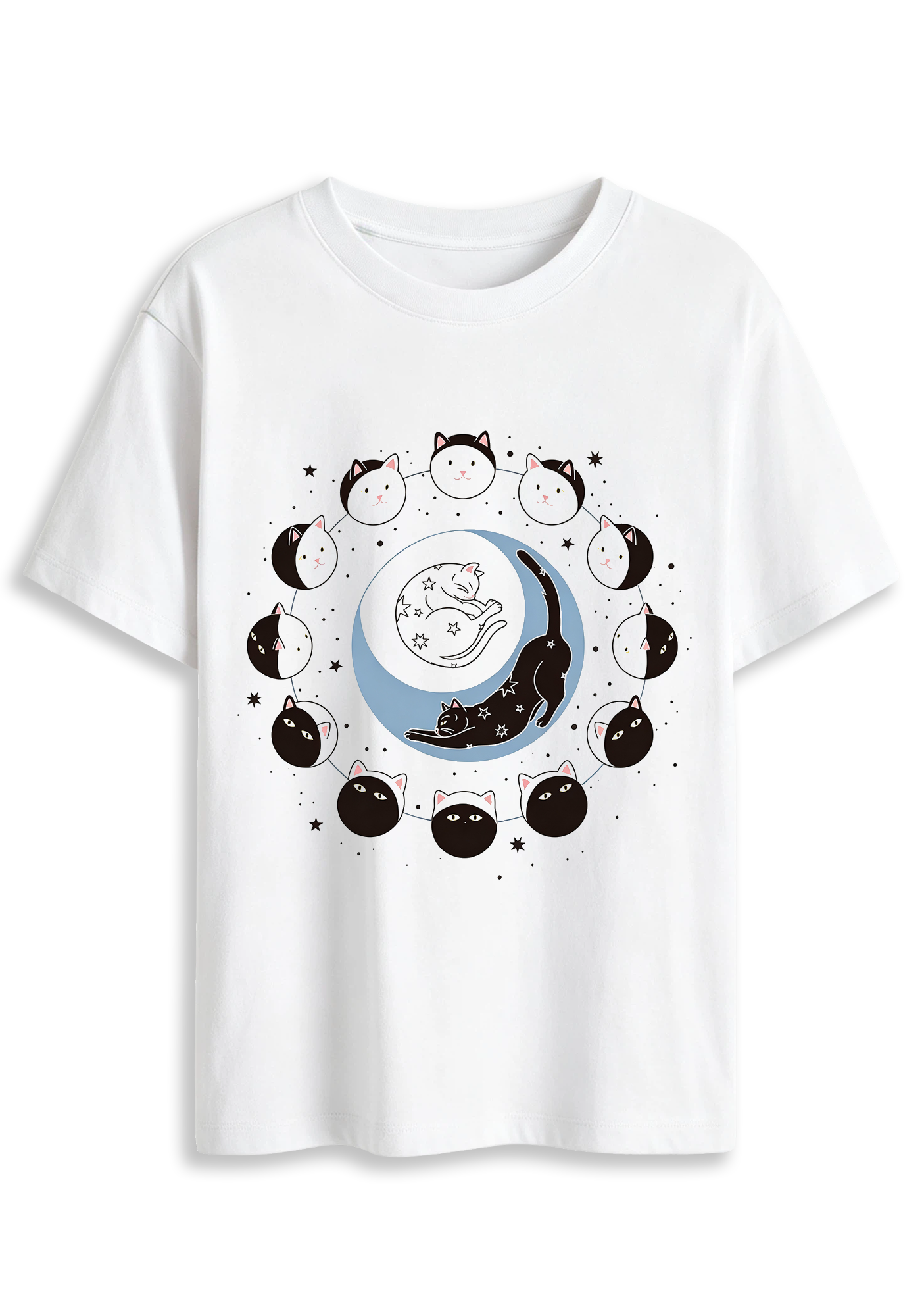 Cute Cat Moon Phase Starry Sky Kitten Graphic T-Shirt