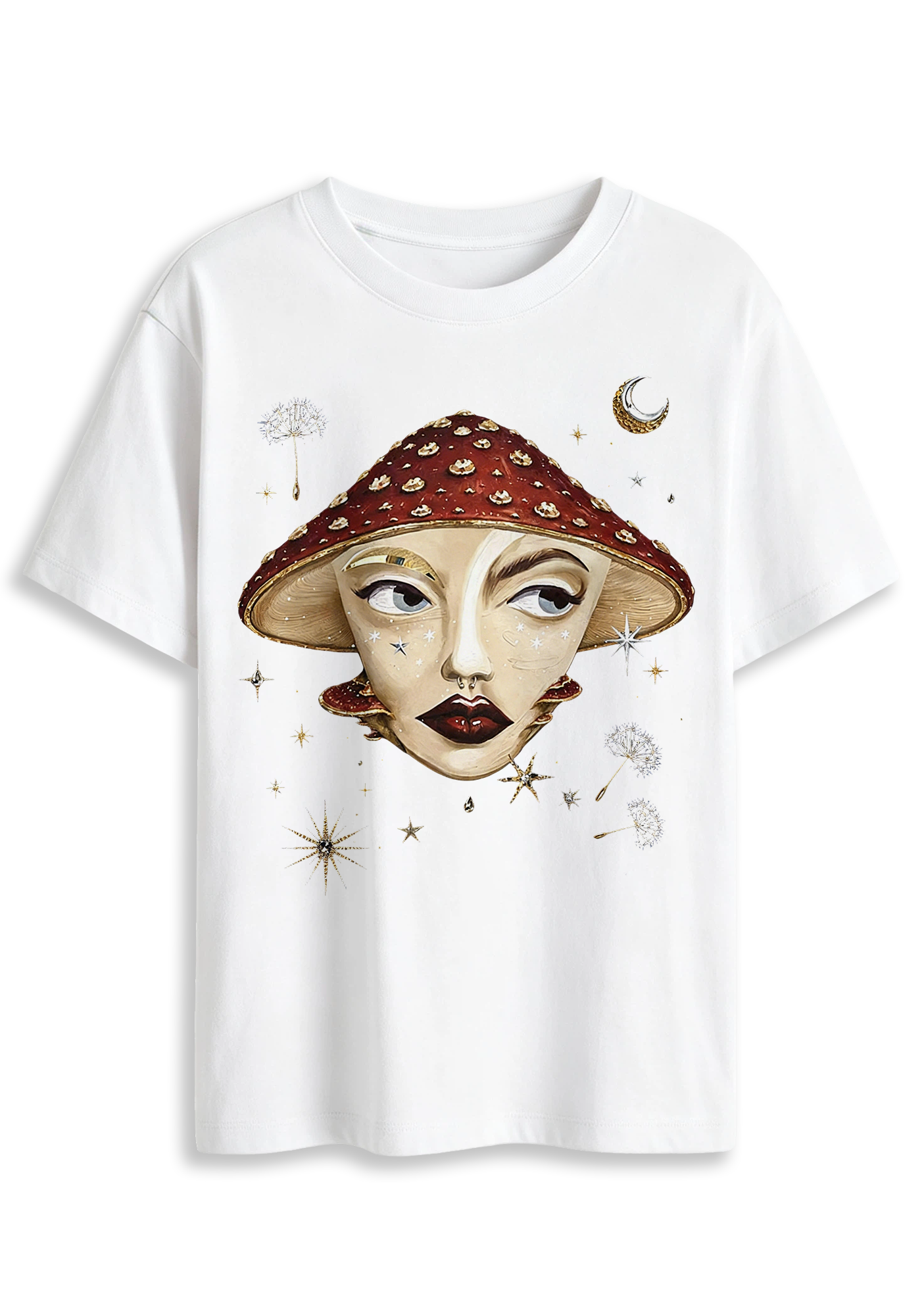 Mystical Mushroom Face Moon Star Whimsical Art Graphic T-Shirt