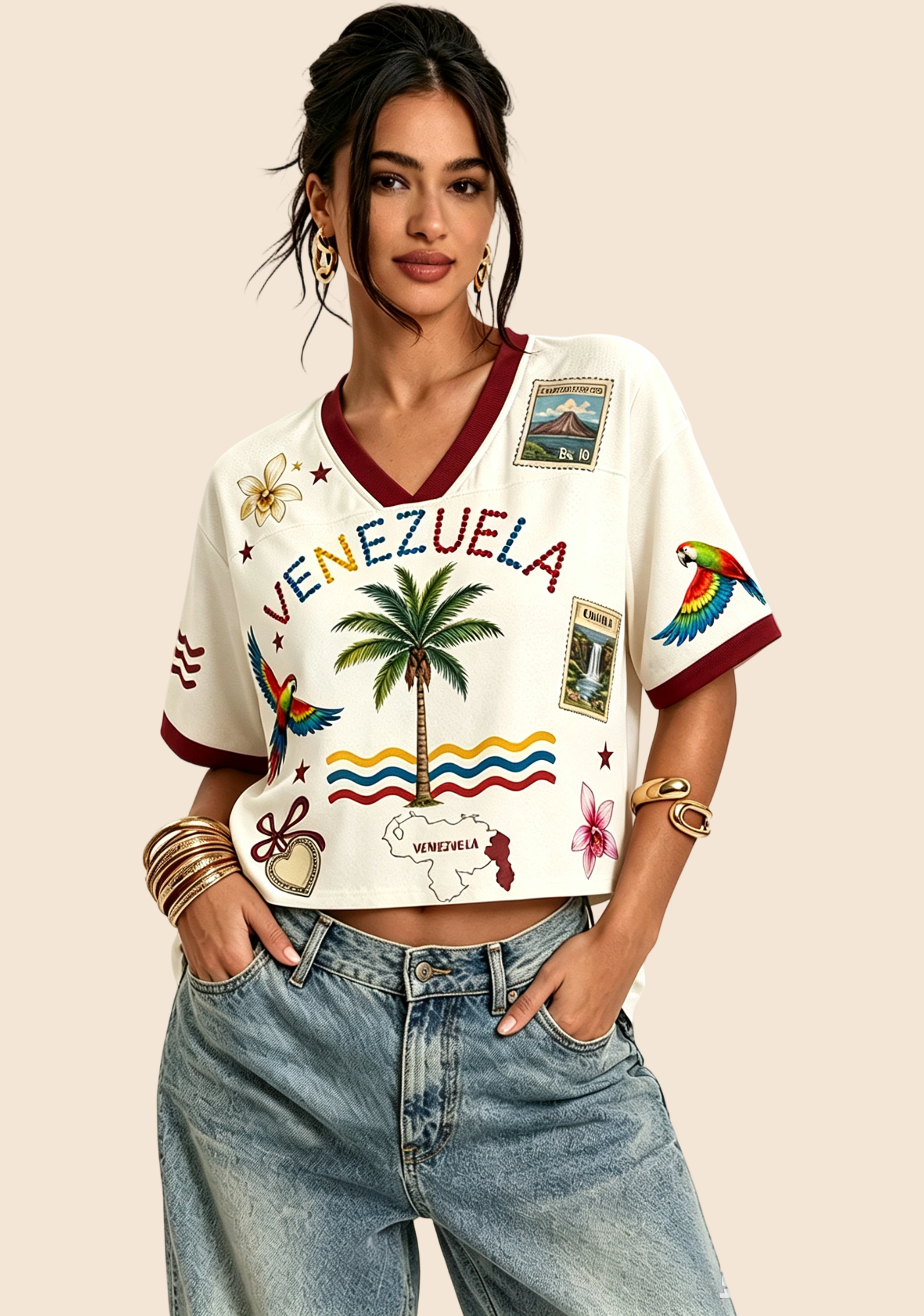 Tropical Venezuela Parrot Stamp Travel Cropped Jersey Shirt