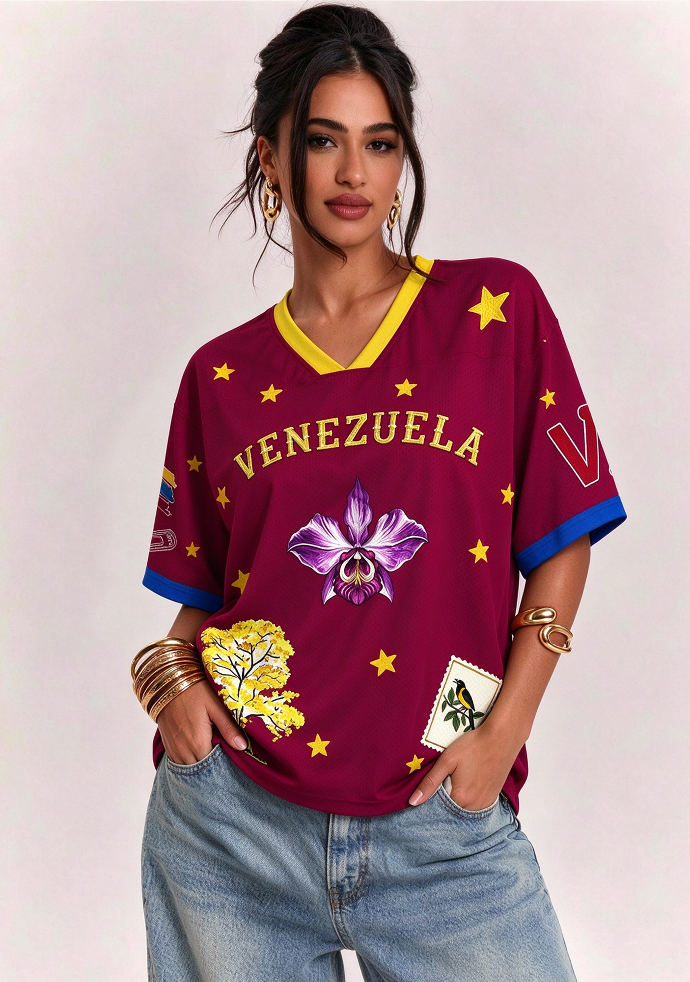 Venezuela Orchid Star Print Mesh Jersey Shirt