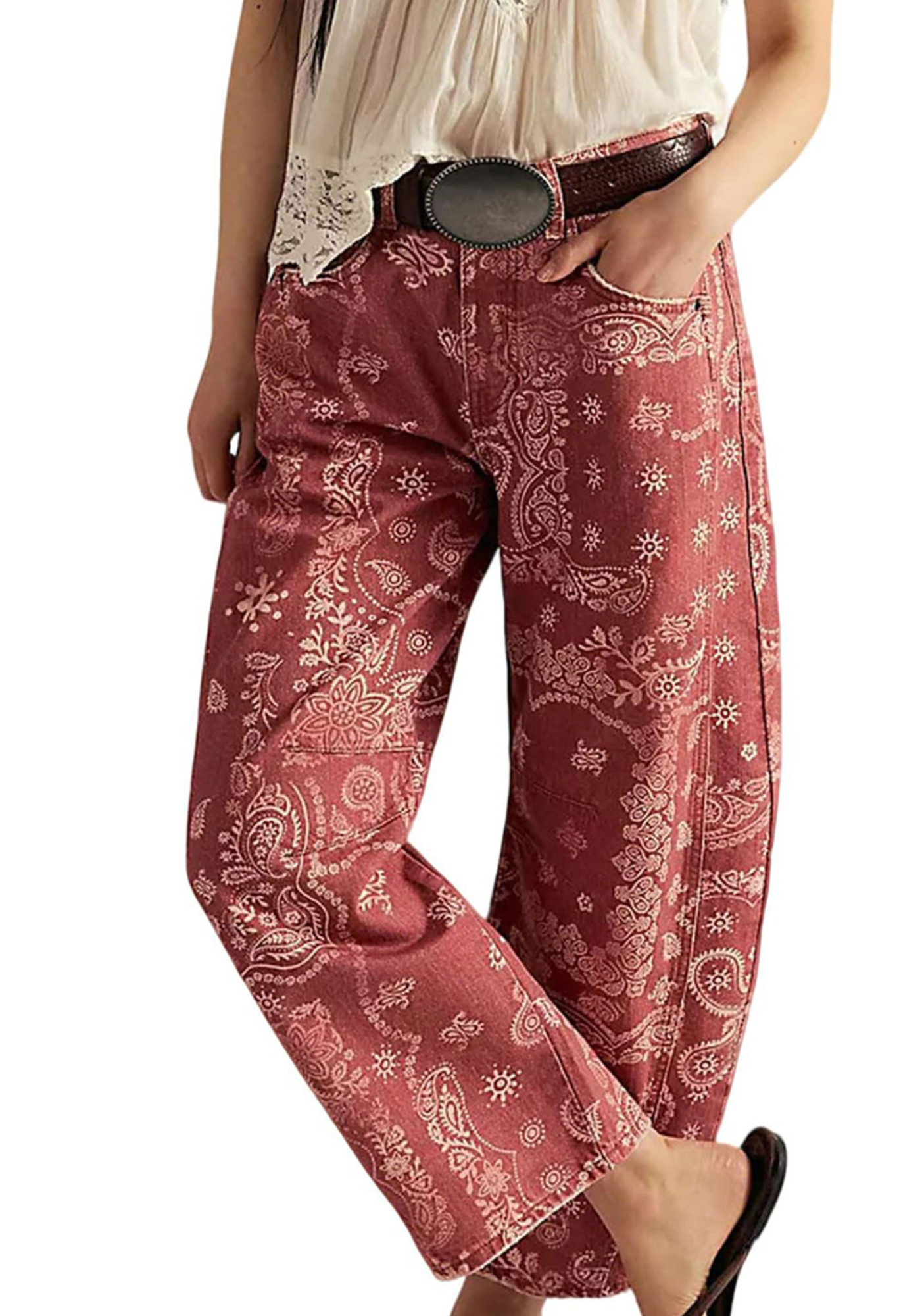 Women's Printed High-Waisted Loose-Fit Straight-Leg Casual Trousers