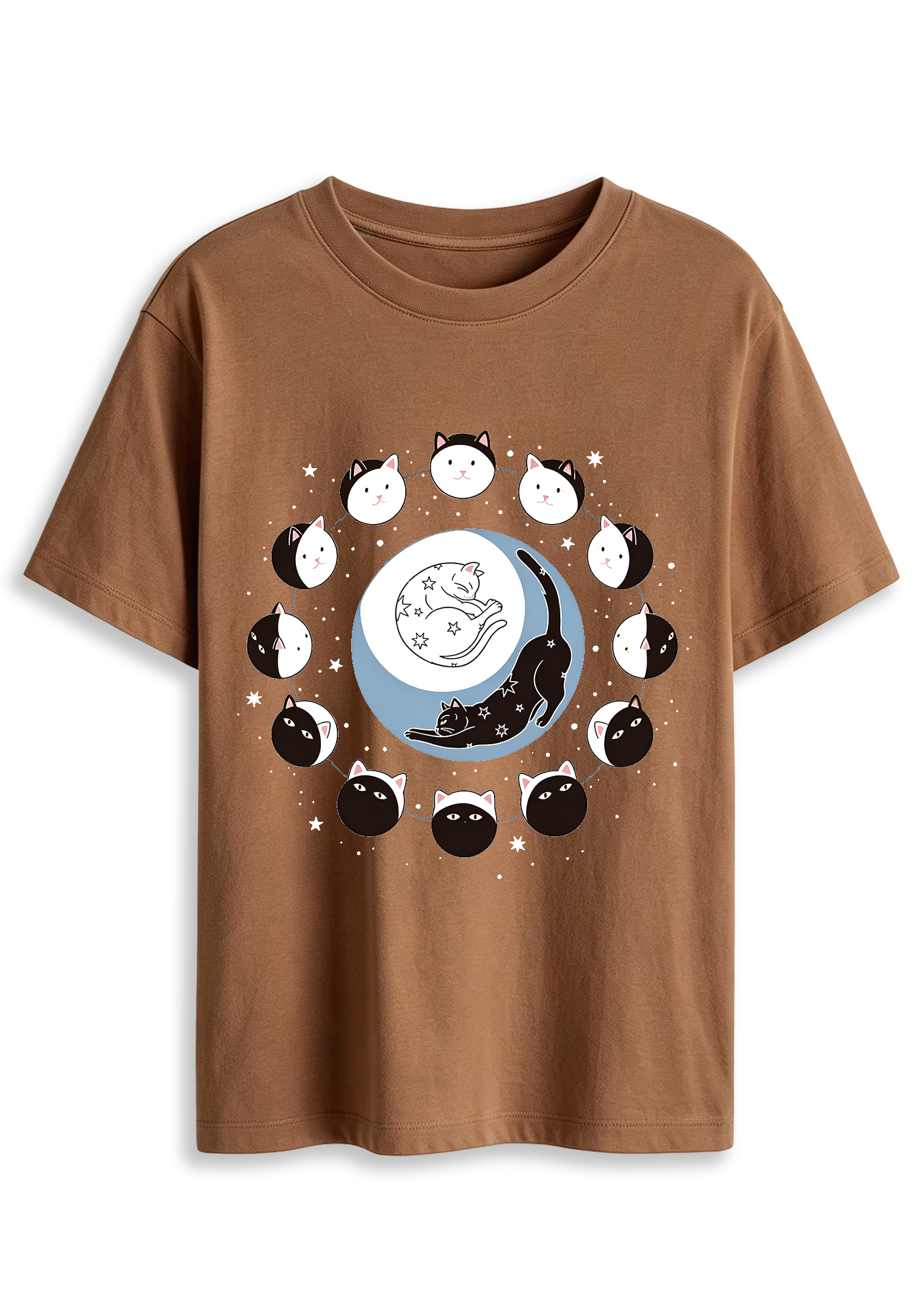Cute Cat Moon Phase Starry Sky Kitten Graphic T-Shirt