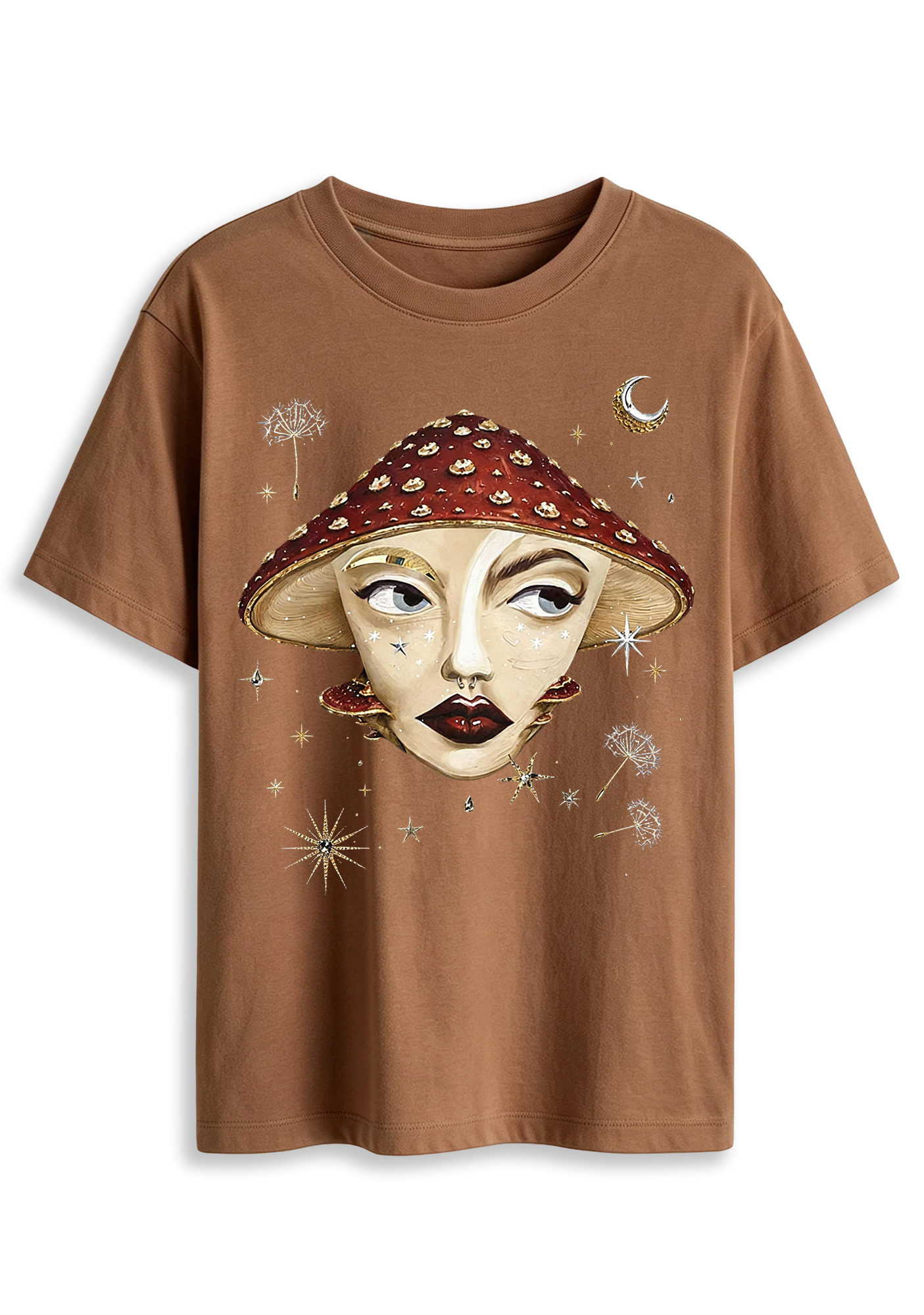 Mystical Mushroom Face Moon Star Whimsical Art Graphic T-Shirt