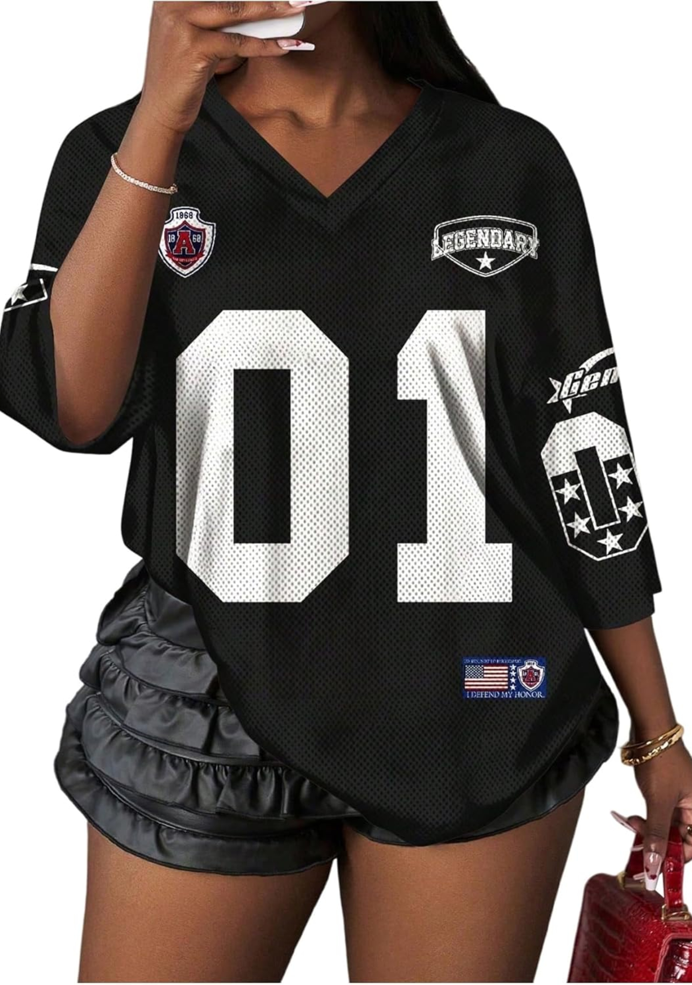 Women's Oversized V‑Neck Number Print Football Jersey Shirts