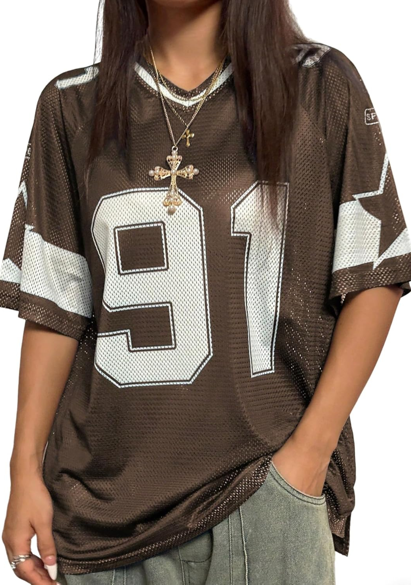 Women's Oversized Number Print Mesh Football Jersey Shirts