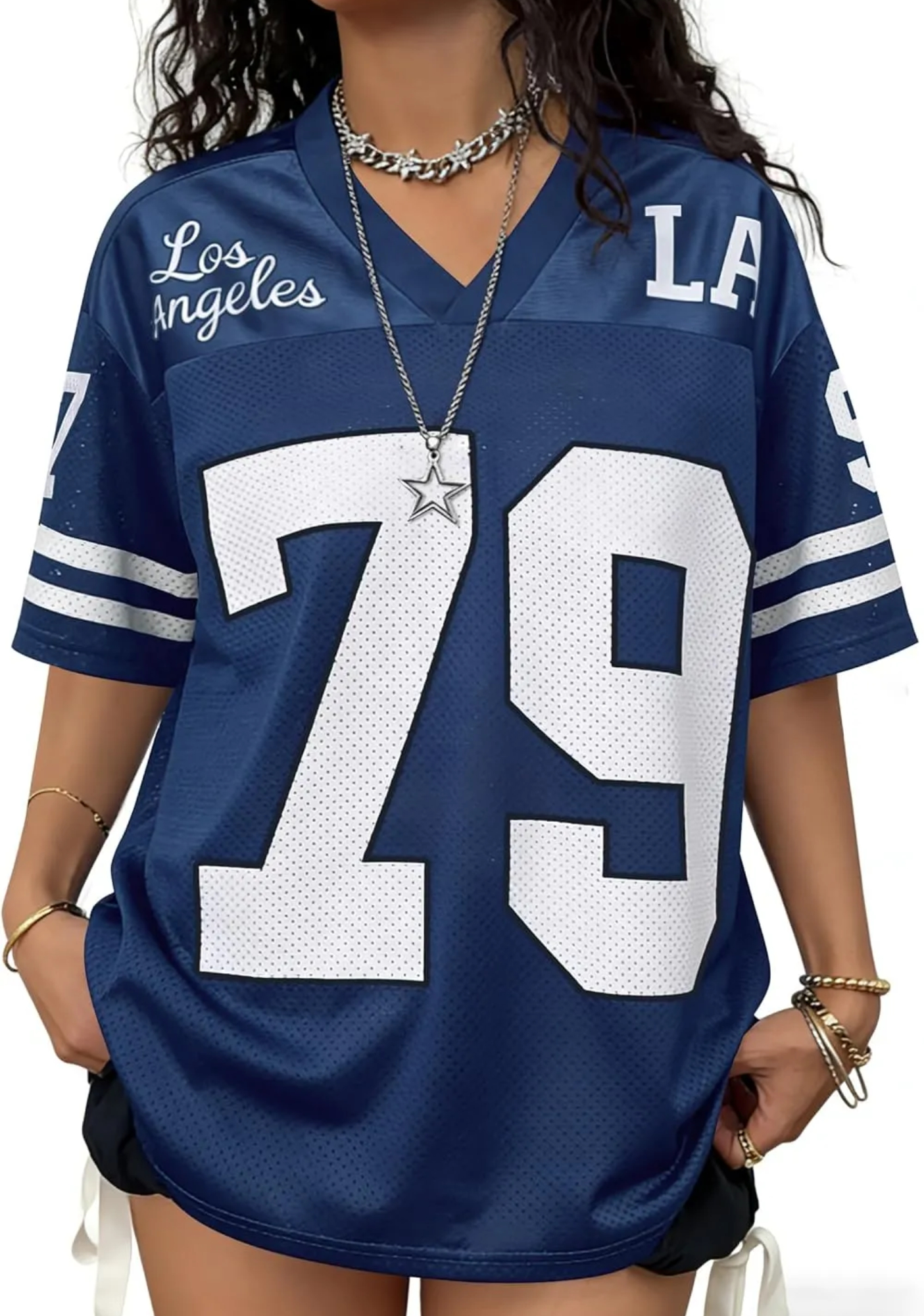 LA 79 Number Print Oversized V‑Neck Football Jersey Top