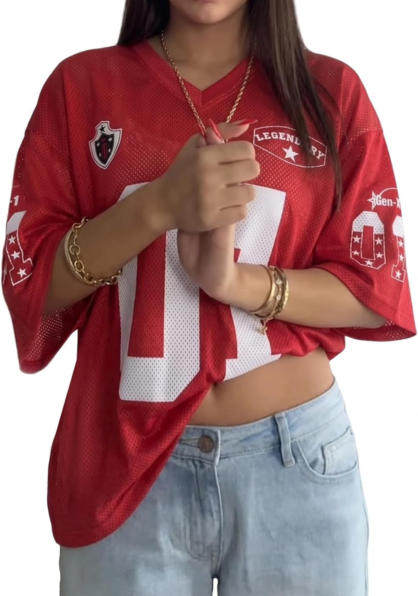 Red Oversized 01 Graphic Y2K Jersey Shirts