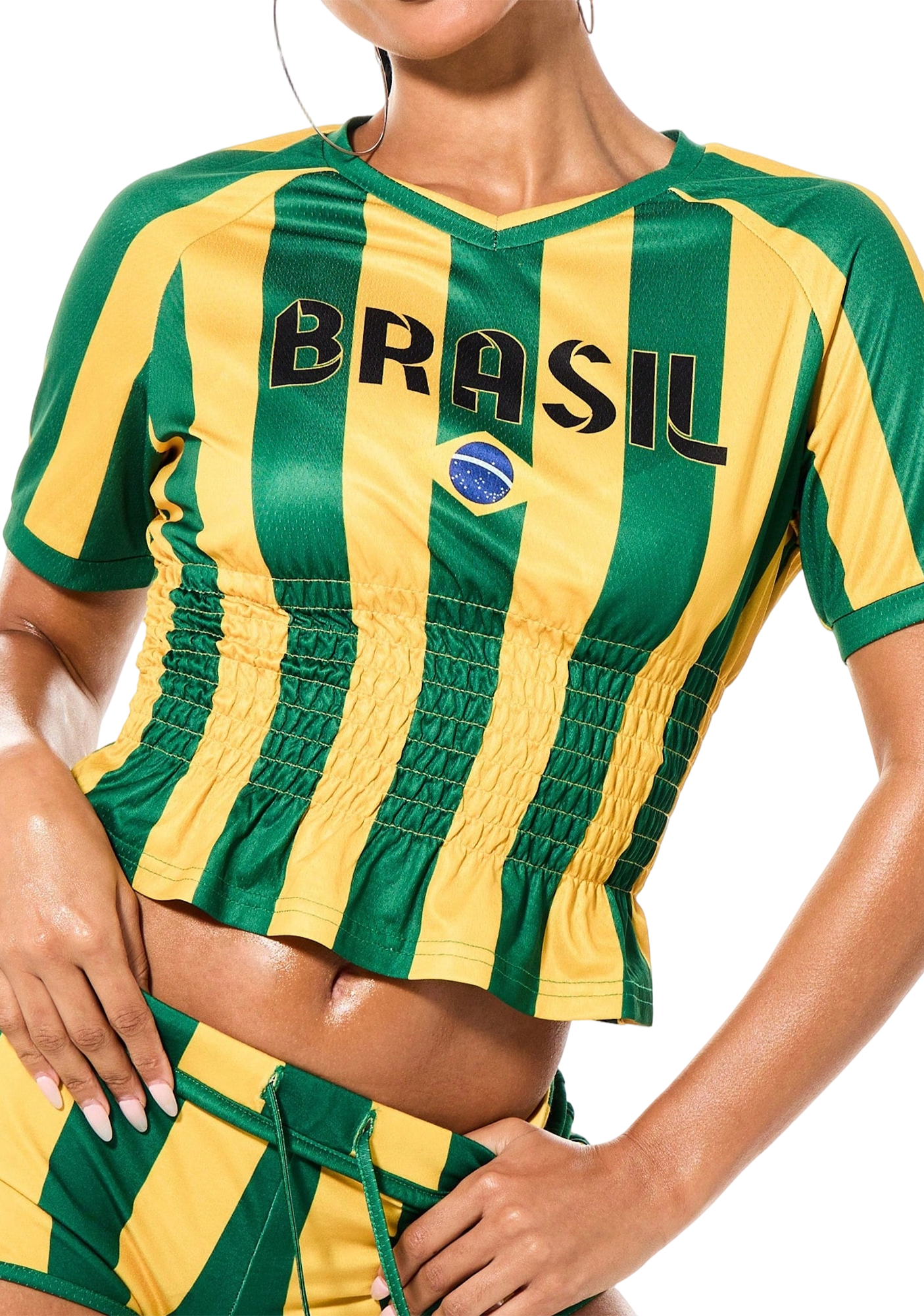 Brasil Striped Shirred Waist Crop Soccer Jersey Top