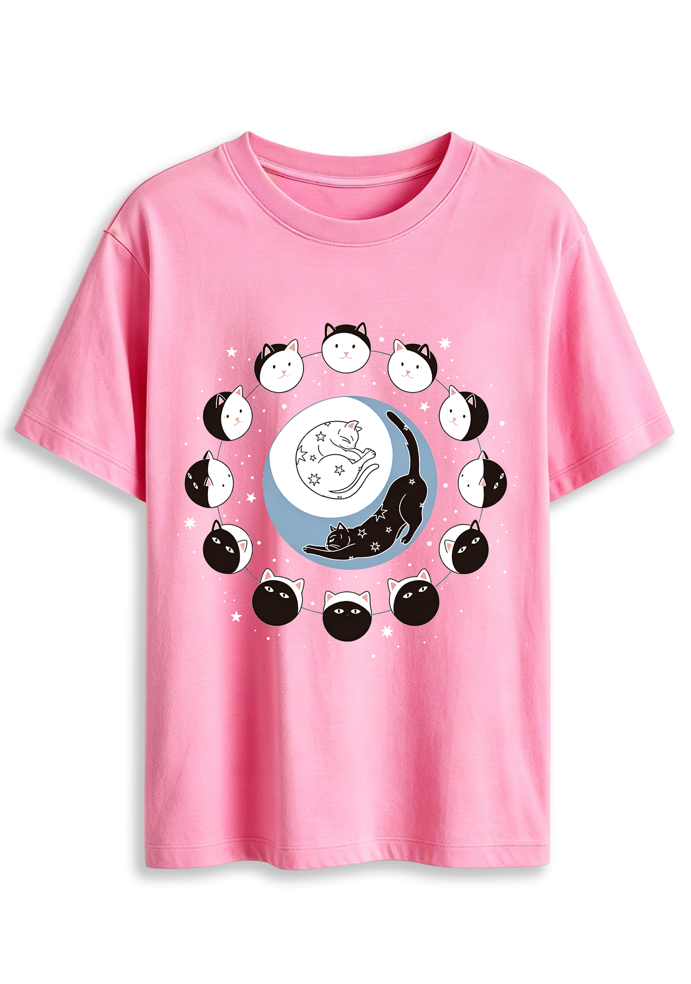 Cute Cat Moon Phase Starry Sky Kitten Graphic T-Shirt