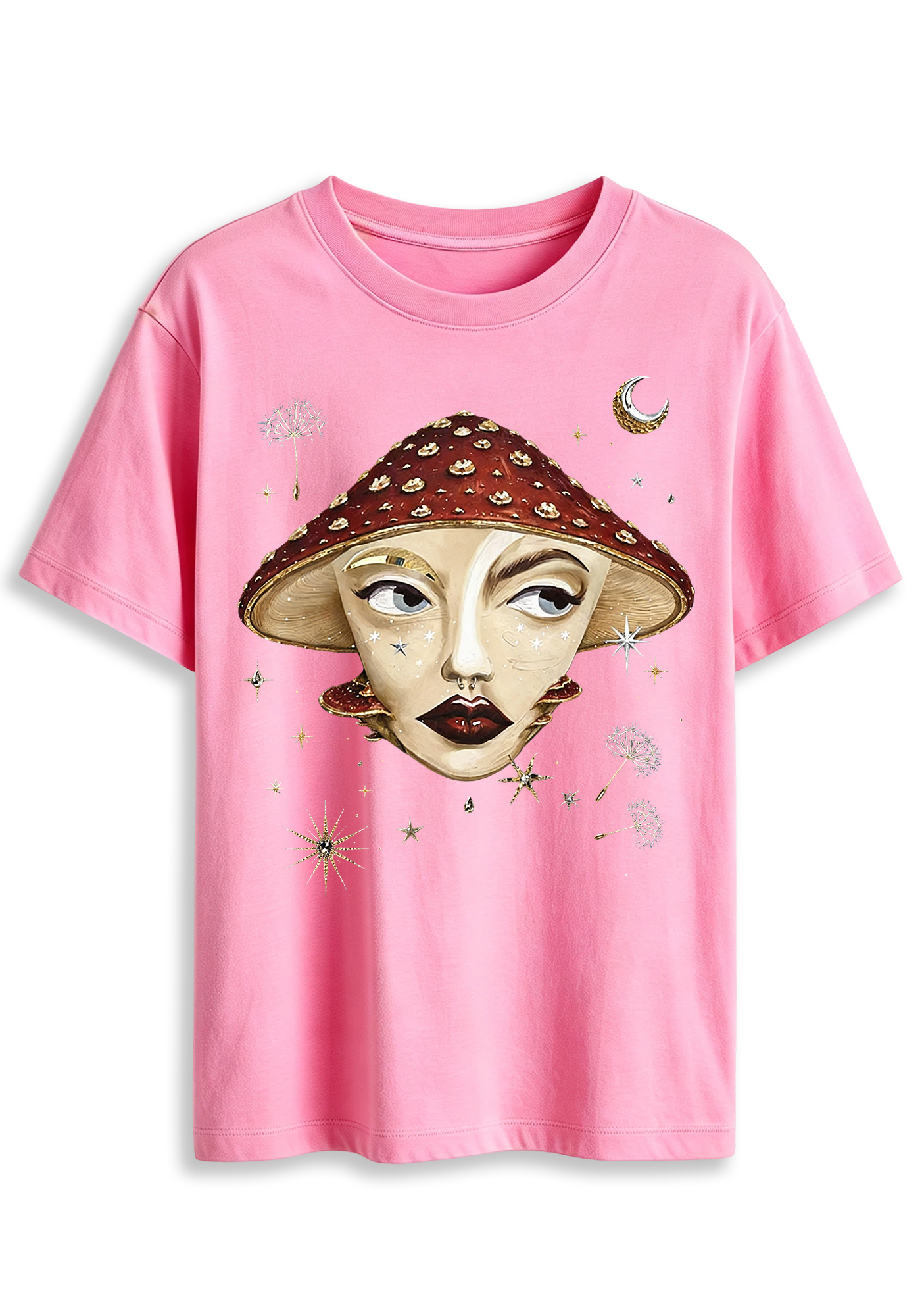 Mystical Mushroom Face Moon Star Whimsical Art Graphic T-Shirt