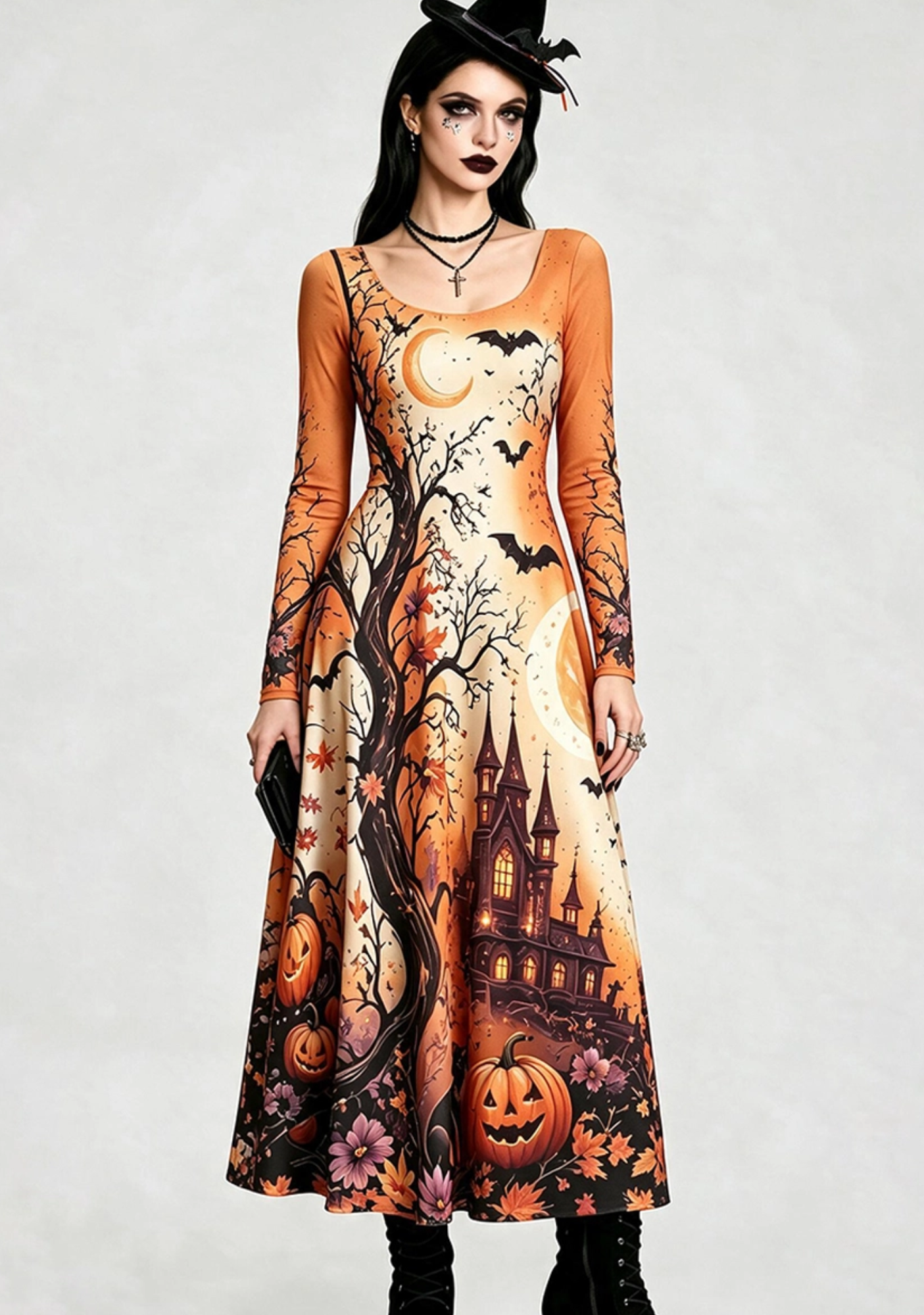 Spooky Pumpkin Castle Halloween Maxi Dress