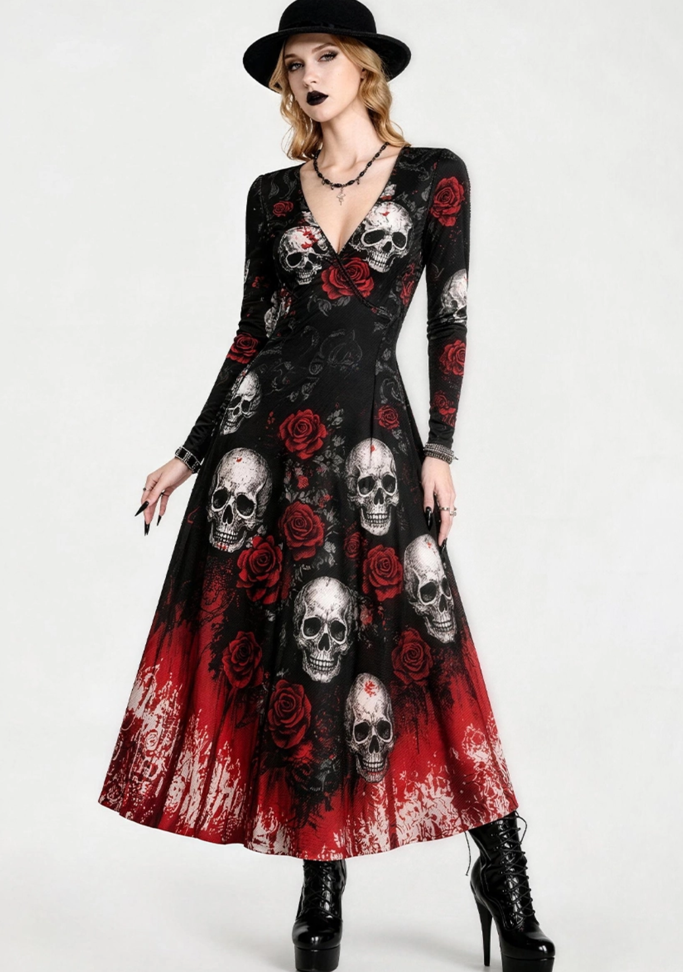Skull & Red Rose Gothic Maxi Dress