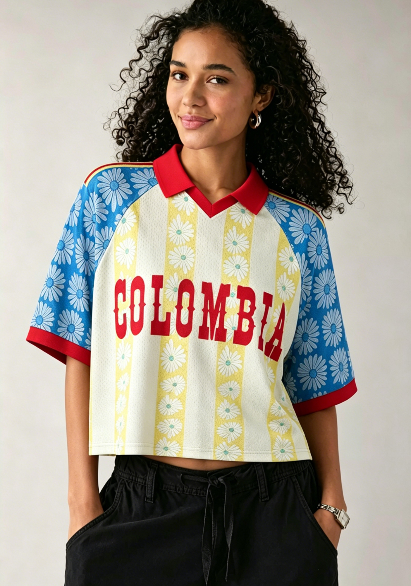 Colombia-Inspired Daisy Cropped Collared Soccer Jersey