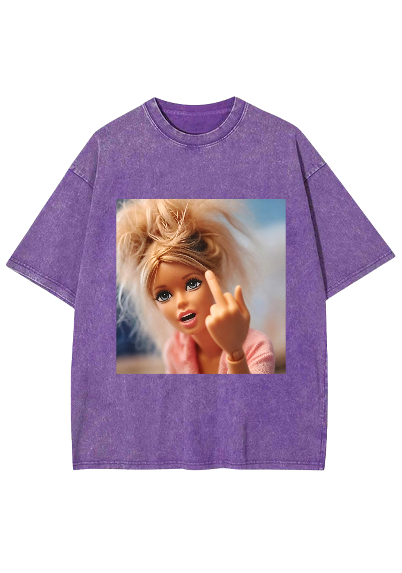 Messy Hair Middle Finger Barbie Meme Washed T-Shirt