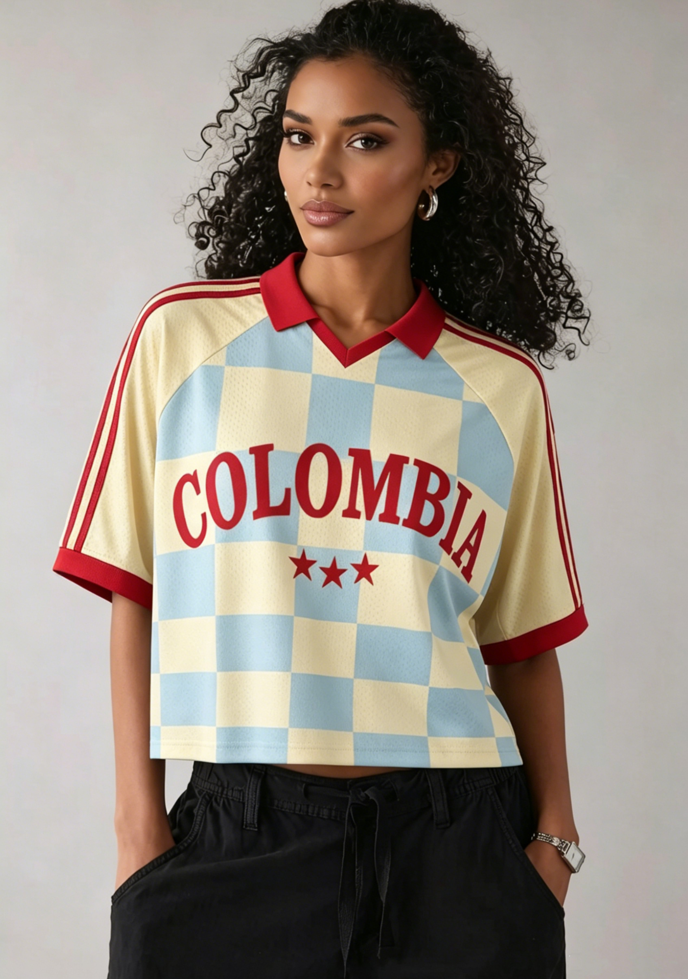  Colombia Checkerboard Crop Collared Soccer Jersey