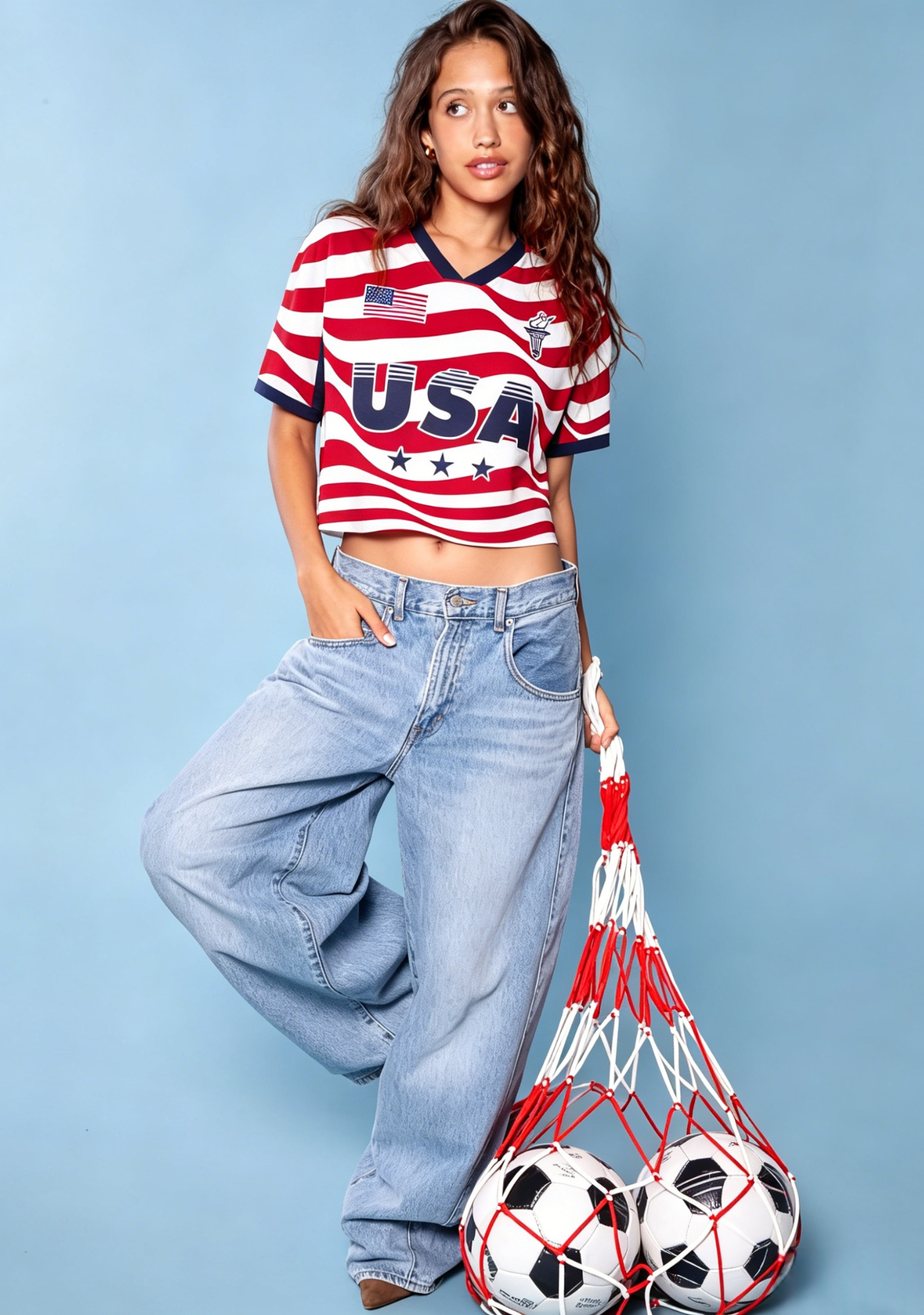 Red White Striped USA Inspired Cropped Mesh Jersey Shirt