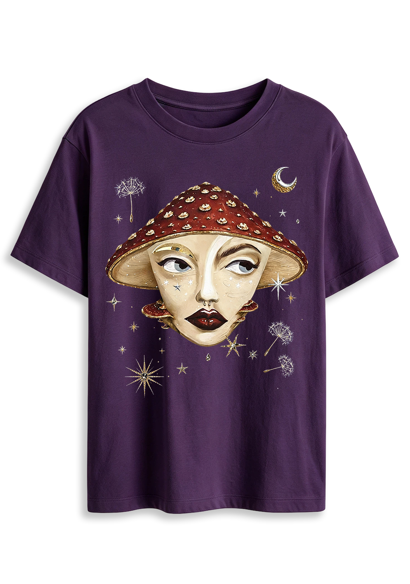 Mystical Mushroom Face Moon Star Whimsical Art Graphic T-Shirt